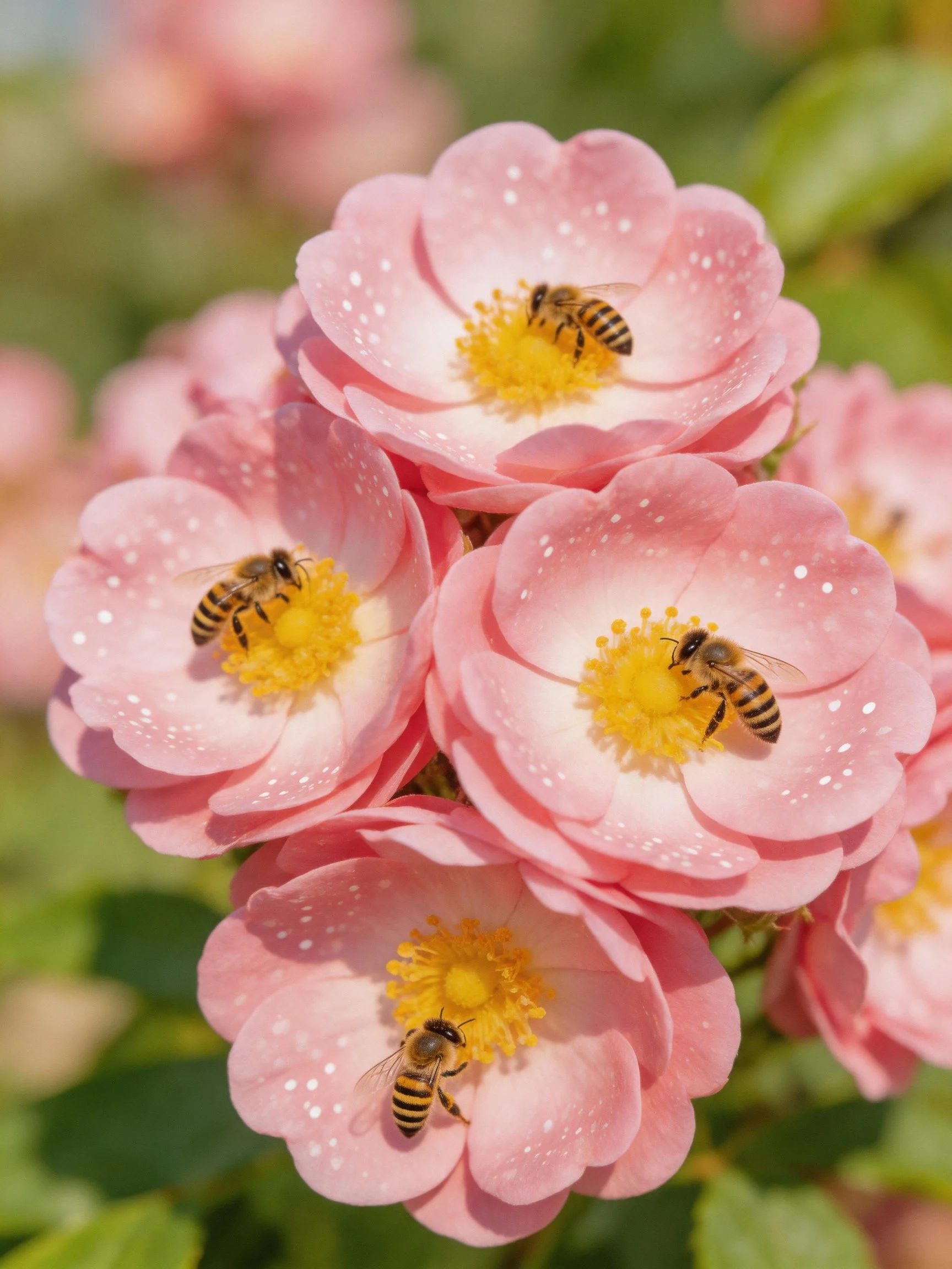 Five pink roses with yellow centers have bees pollinating