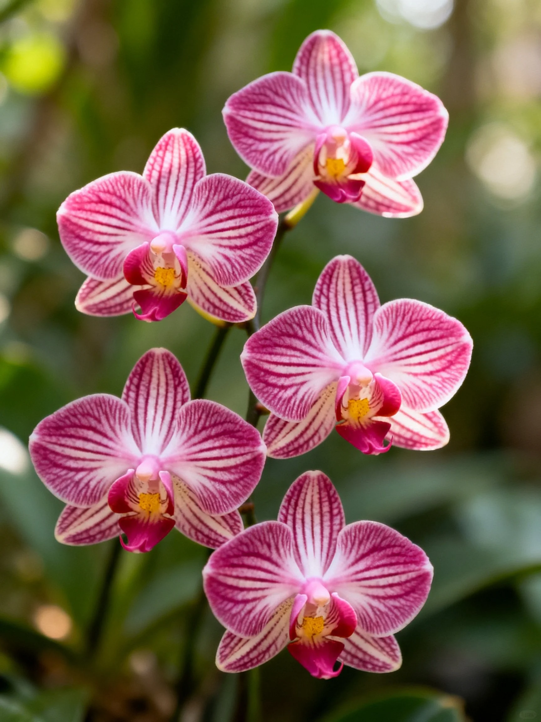 Five pink striped orchid blooms with yellow centers