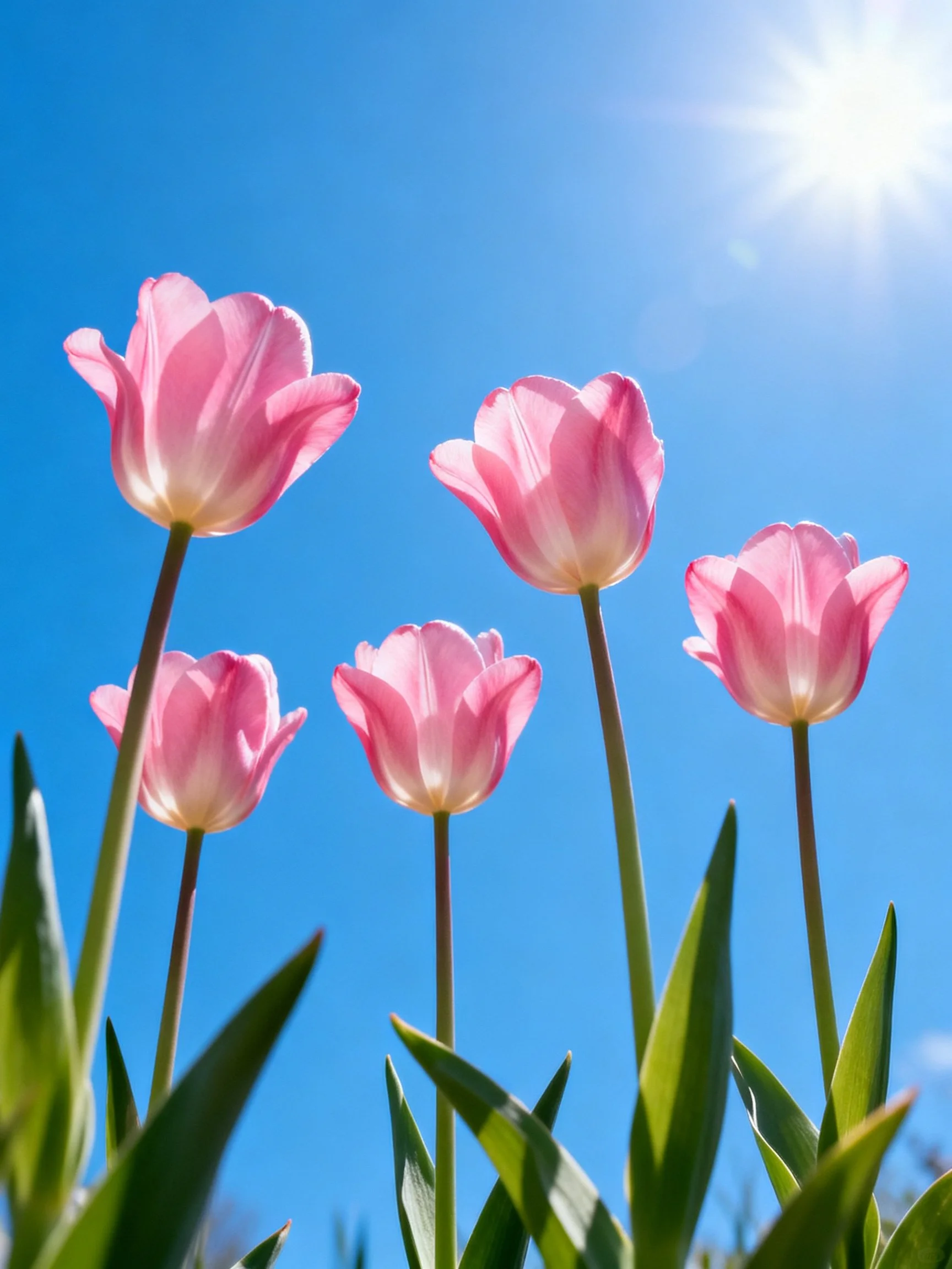 Five pink tulips bloom against a bright blue sky with sunlight