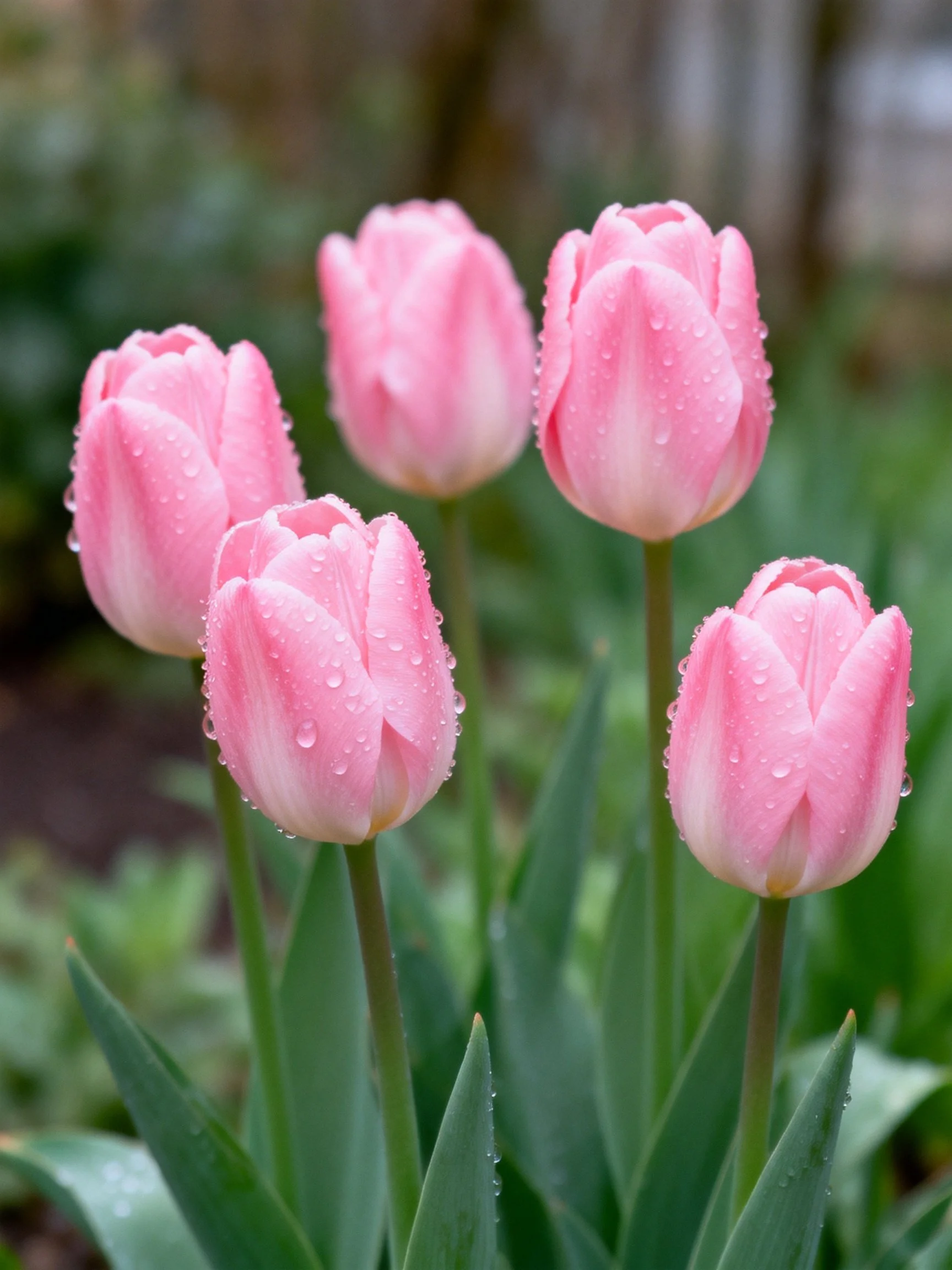 Five pink tulips with dewdrops in a green garden