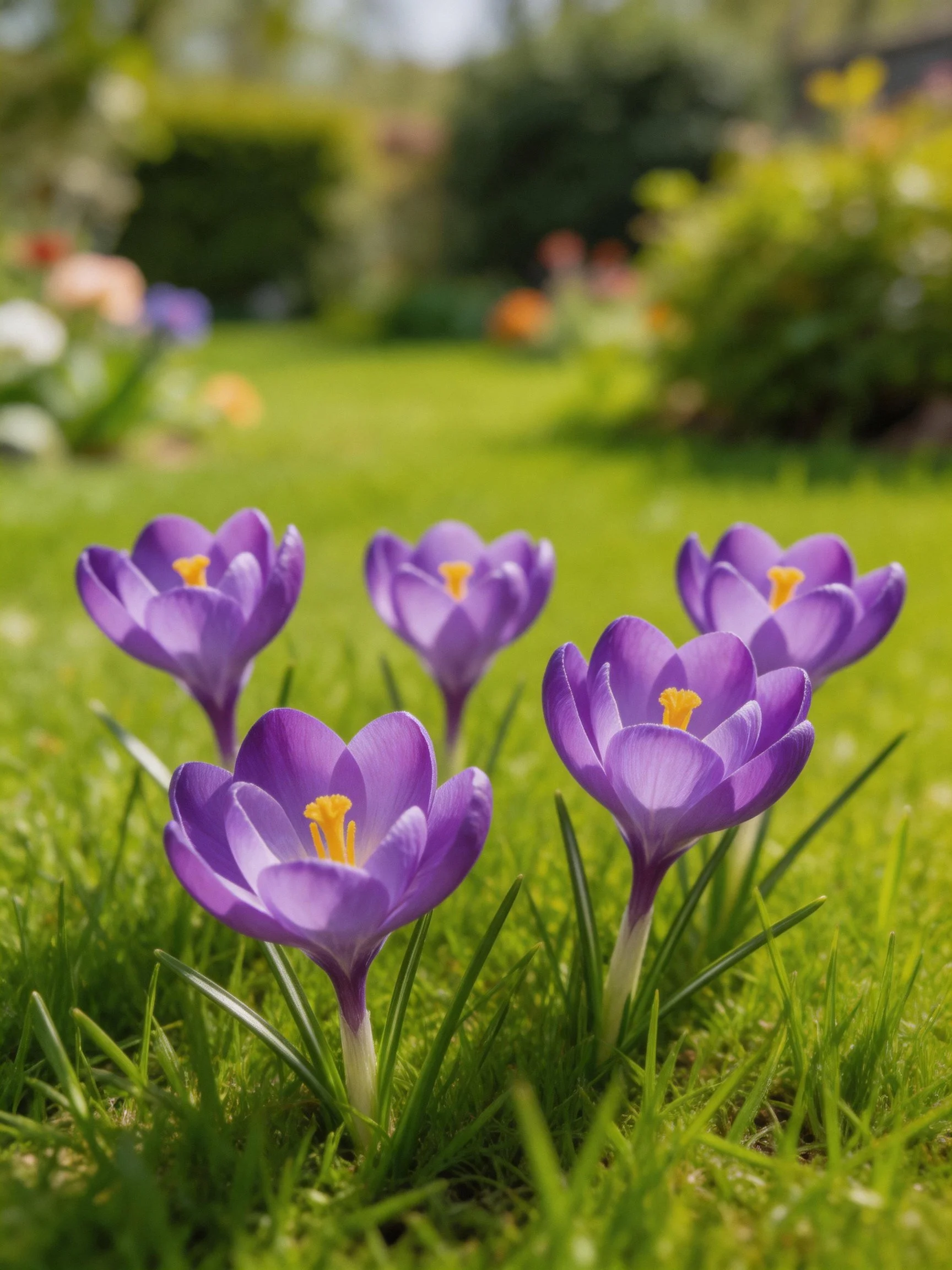 Five purple crocuses bloom in a lush green garden