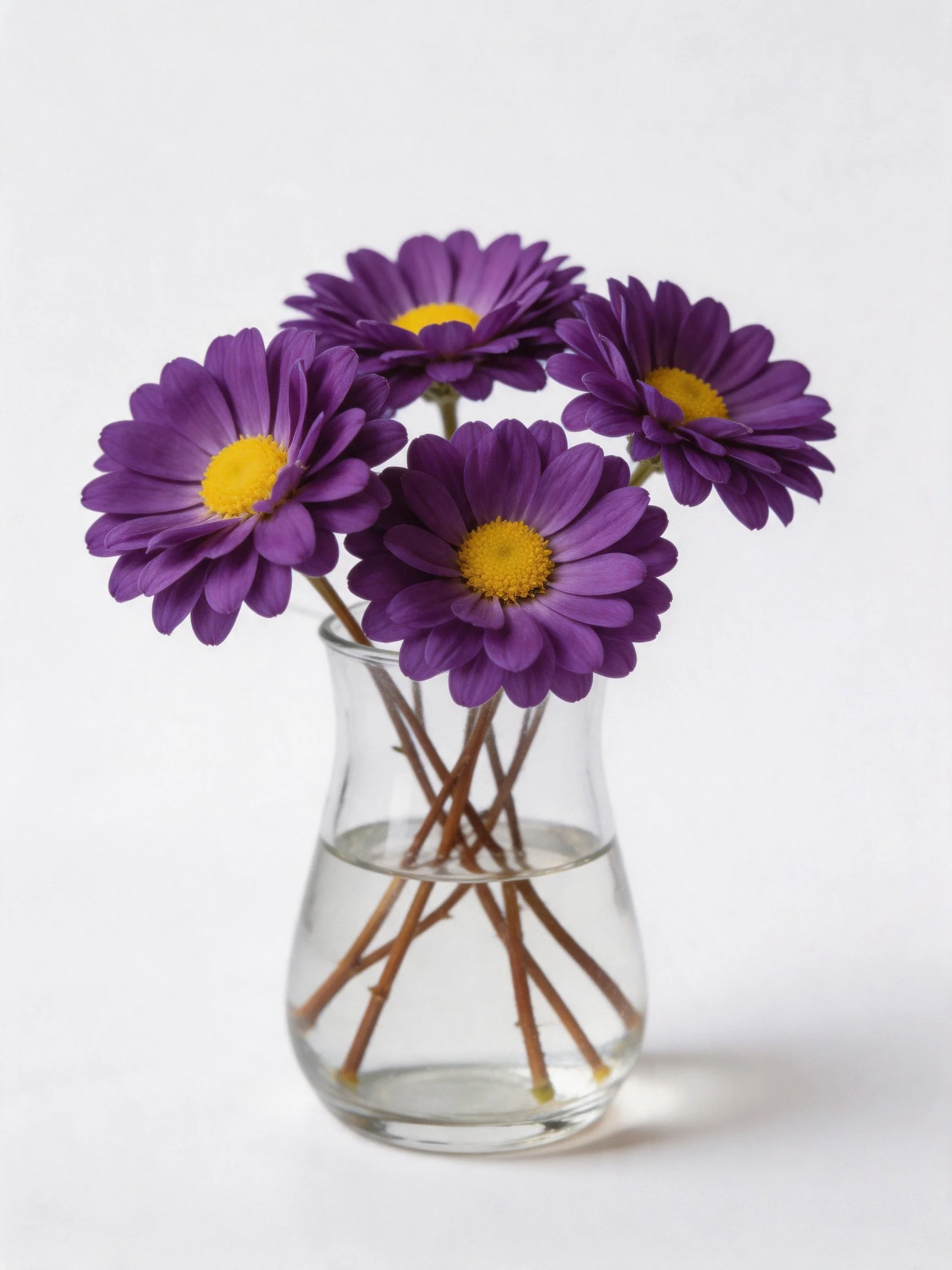 Five purple daisy blooms with yellow centers in a clear glass vase
