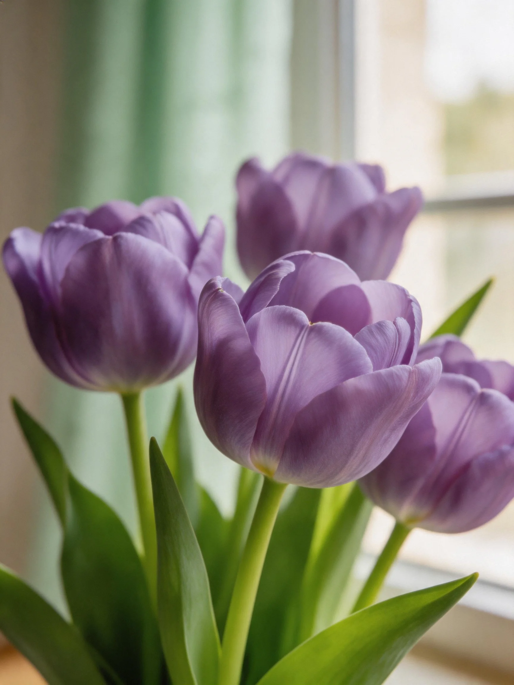 Five purple tulips with green foliage by a sunlit window