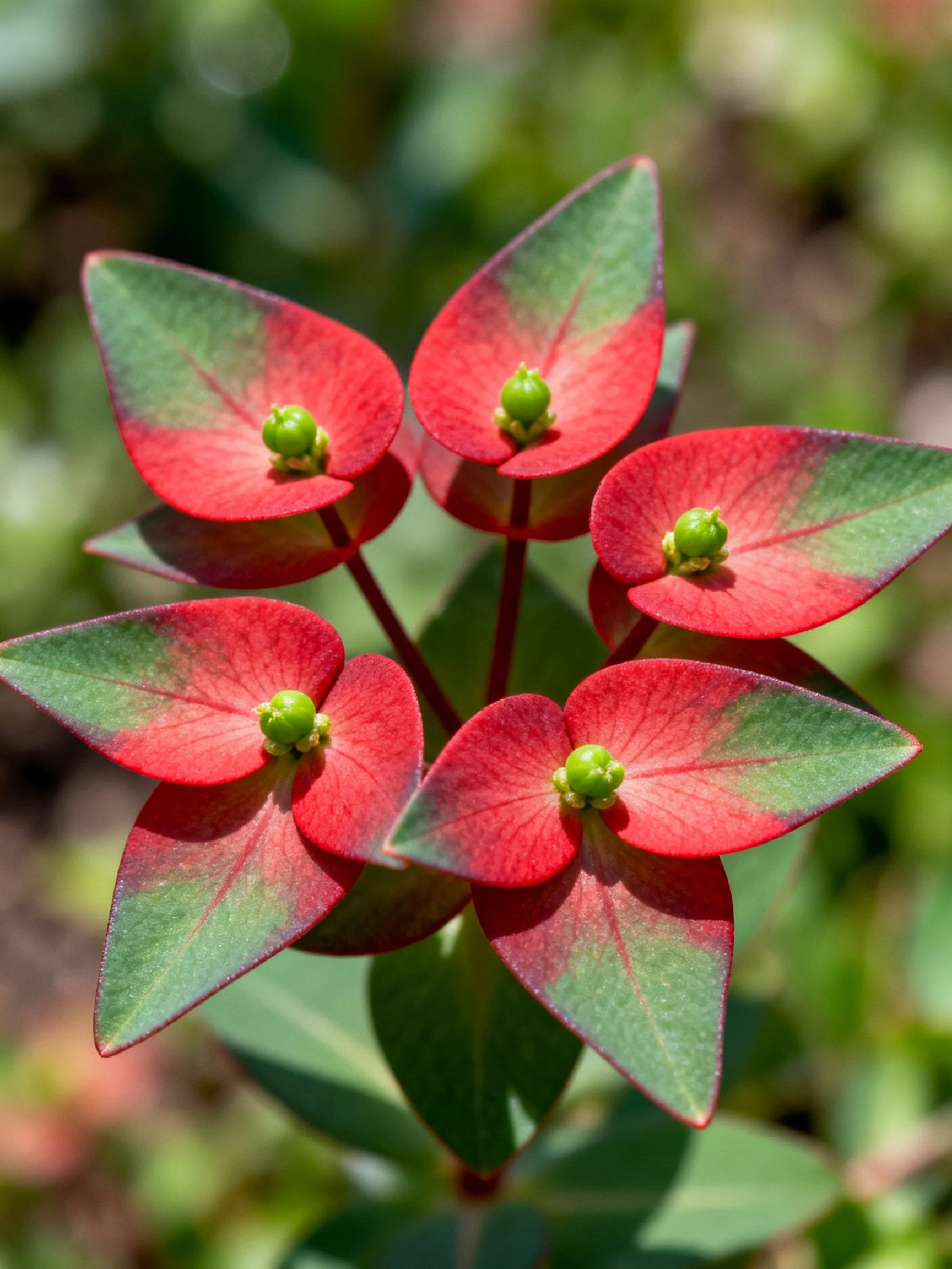 Five red-green flower buds with pointed leaves