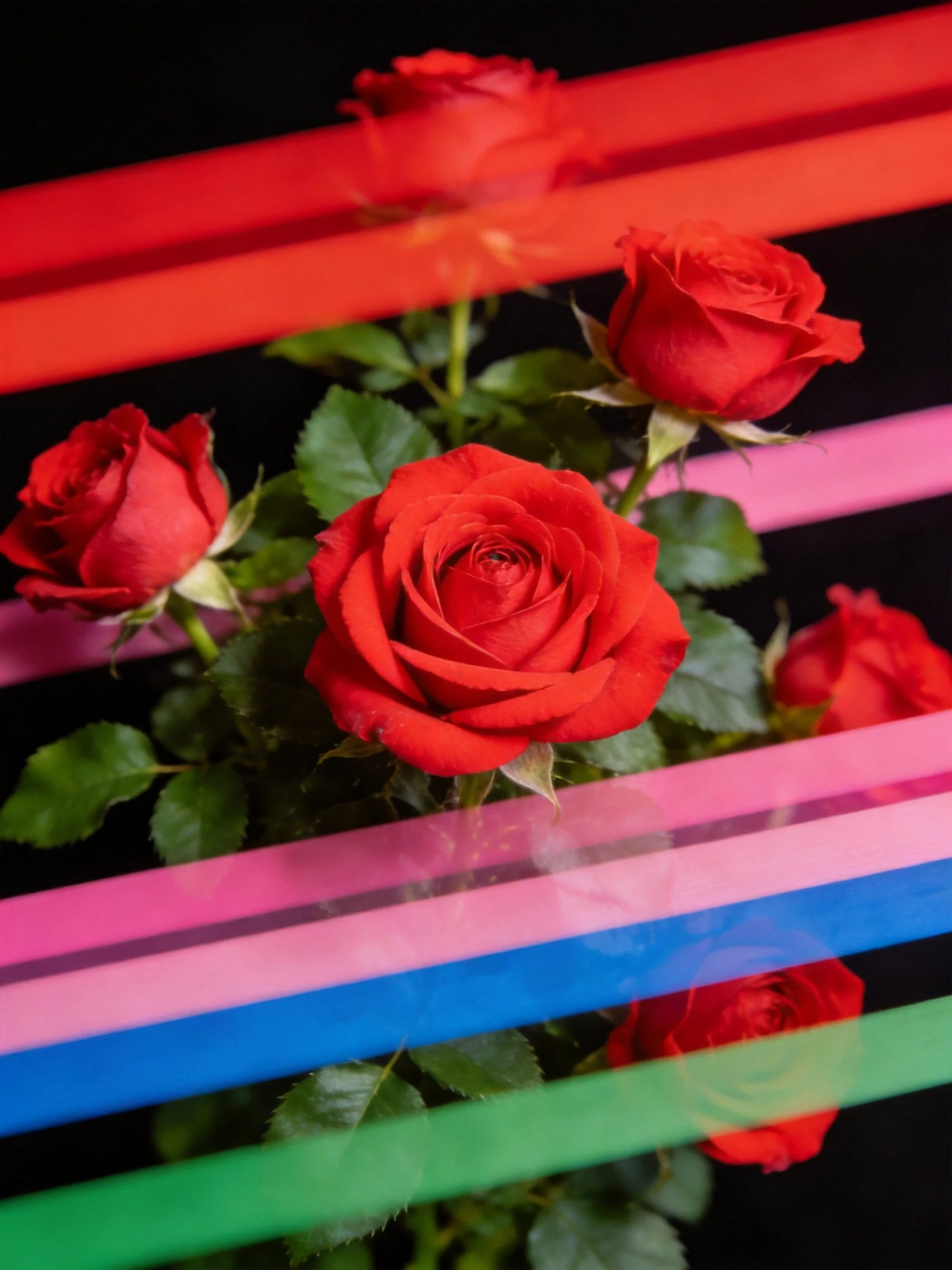 Five red roses with red, pink, blue, green horizontal color stripes