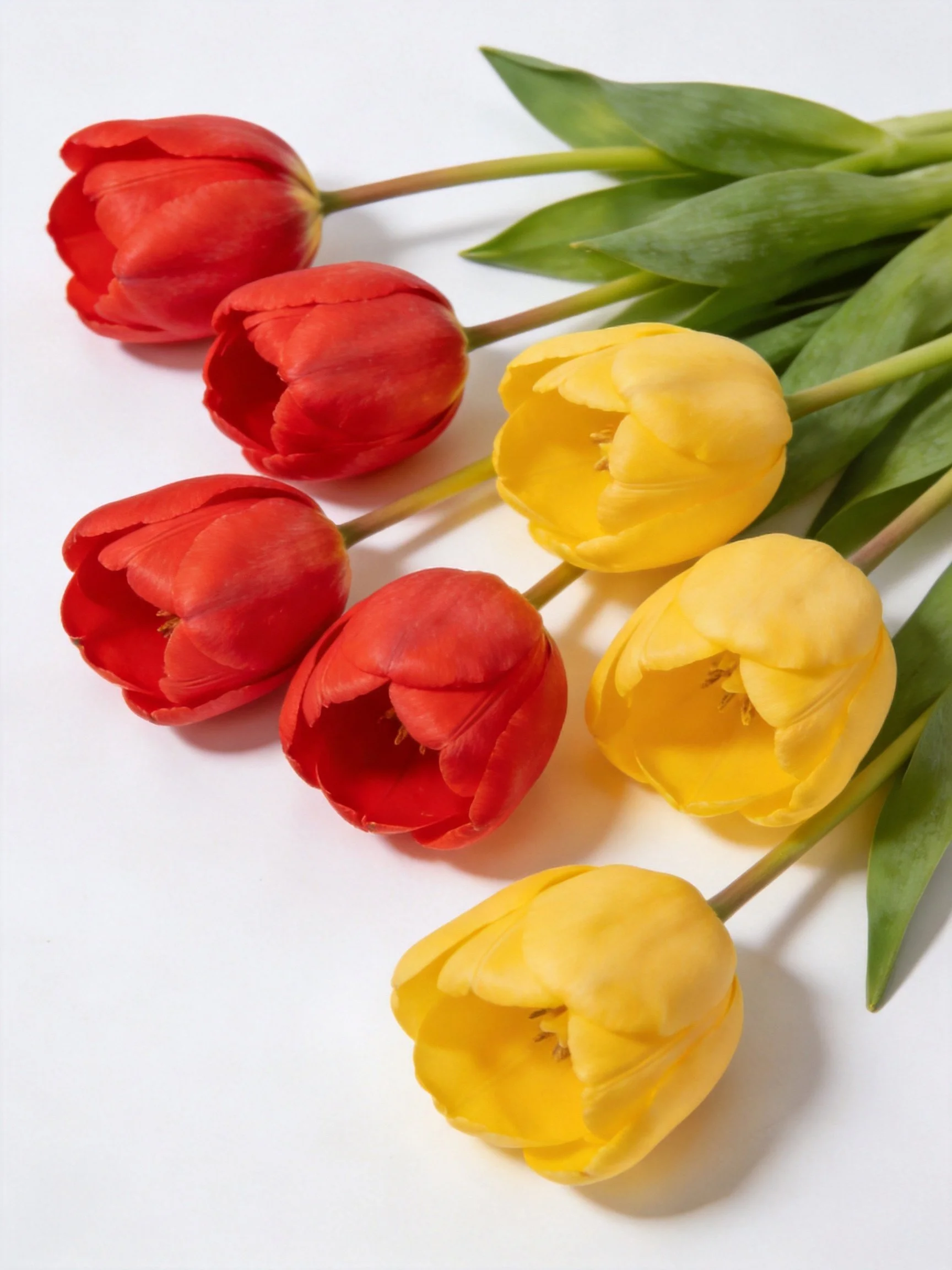 Five red tulips, three yellow tulips with green leaves arranged diagonally