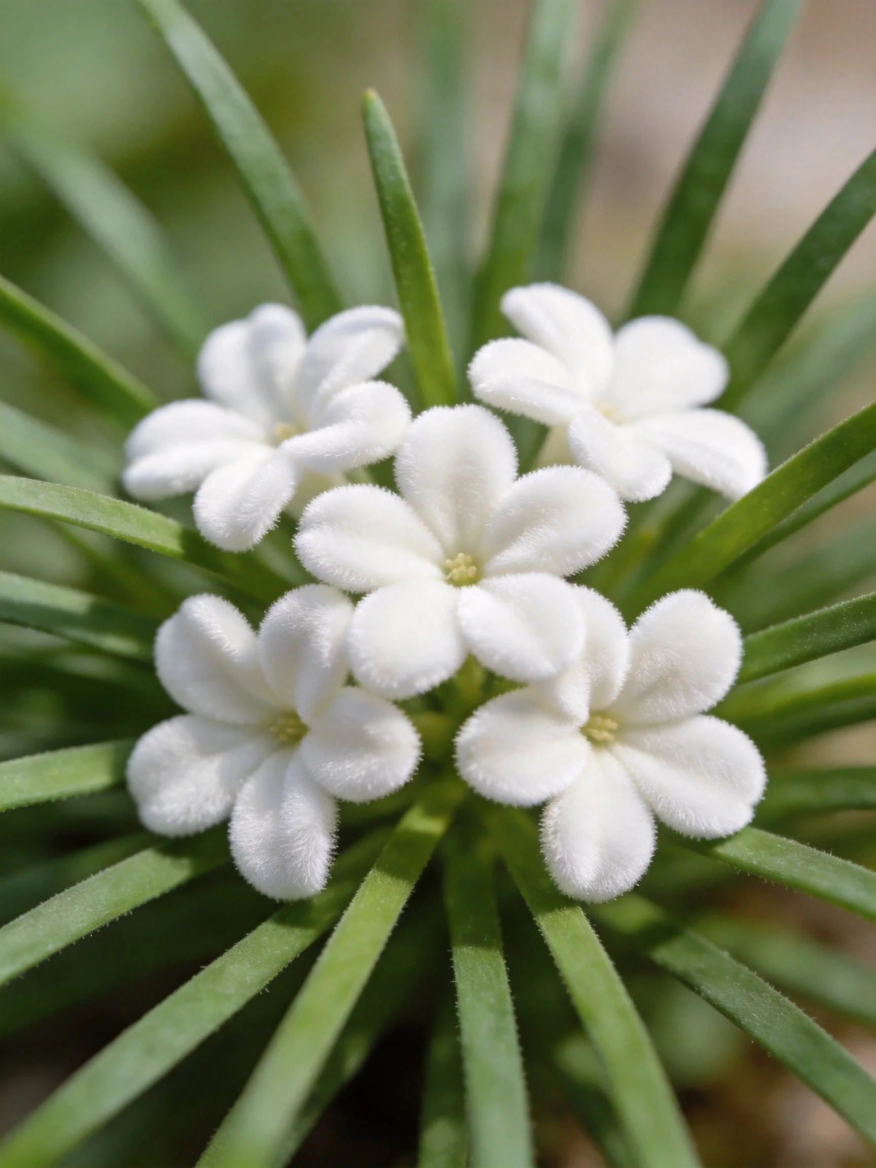 Five small white fuzzy flowers among long green leaves