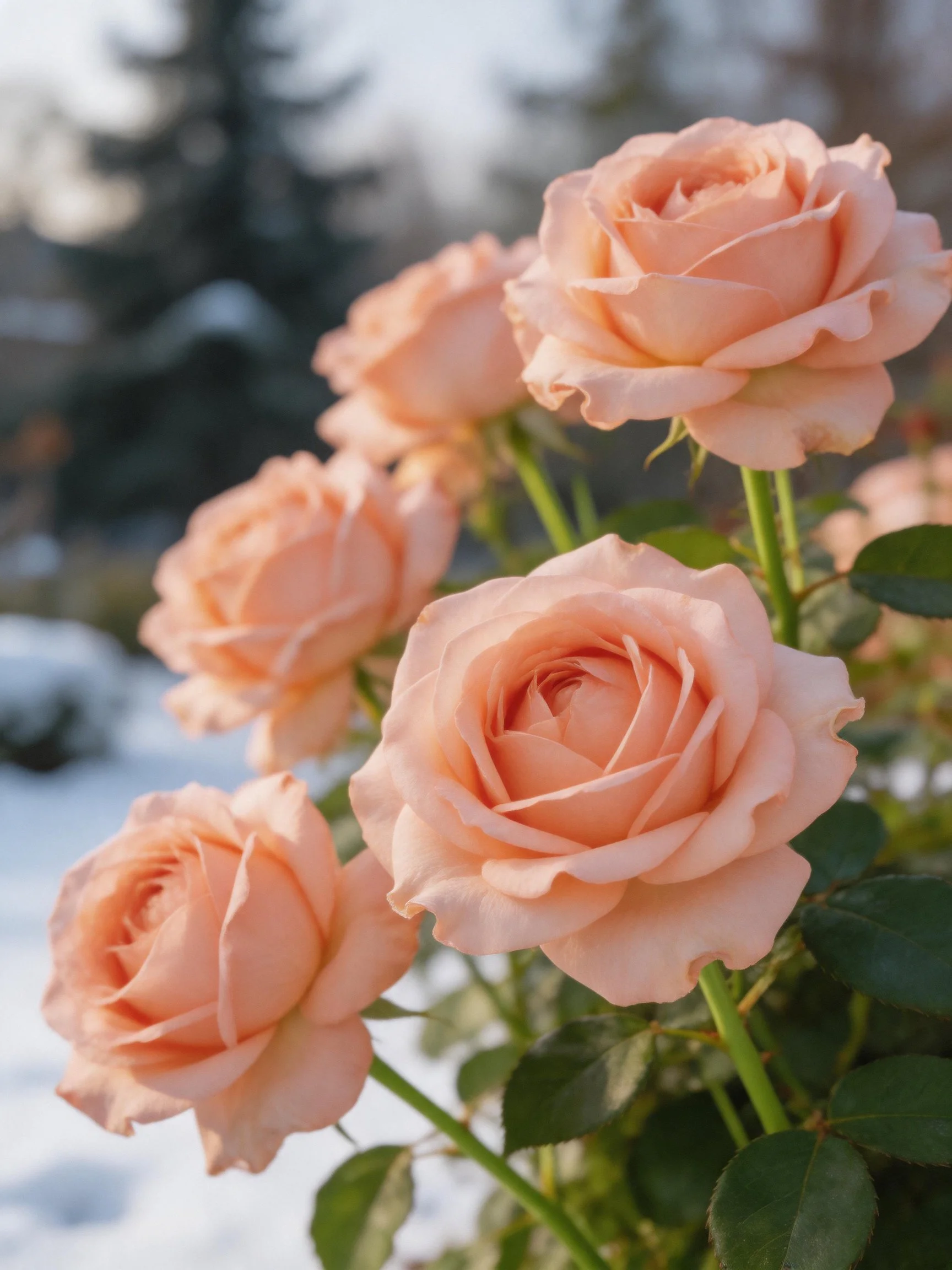 Five soft peach roses with green foliage in a snowy outdoor environment