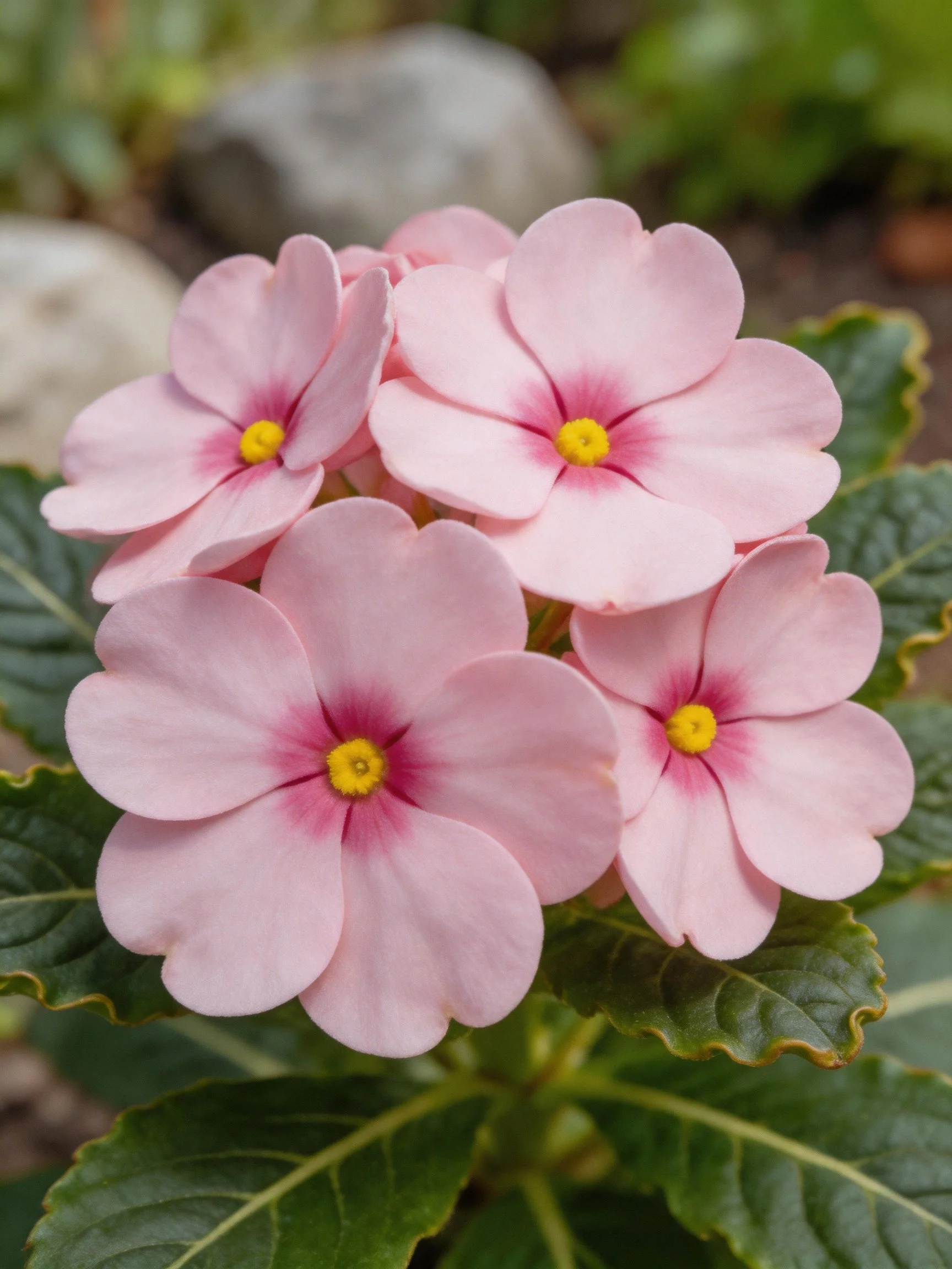 Five soft pink flowers with yellow centers amid green foliage