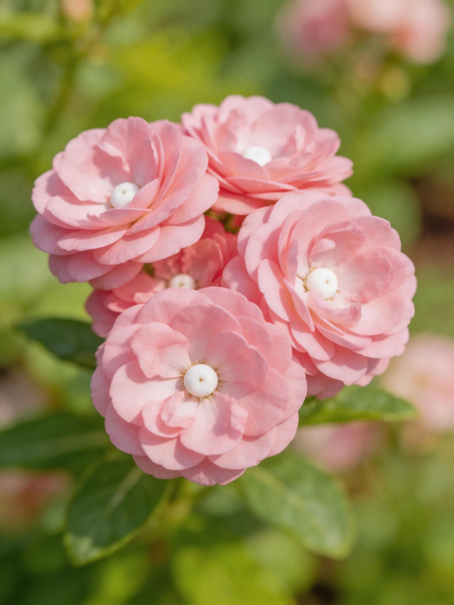 Five soft pink rose blooms with white centers amid green foliage