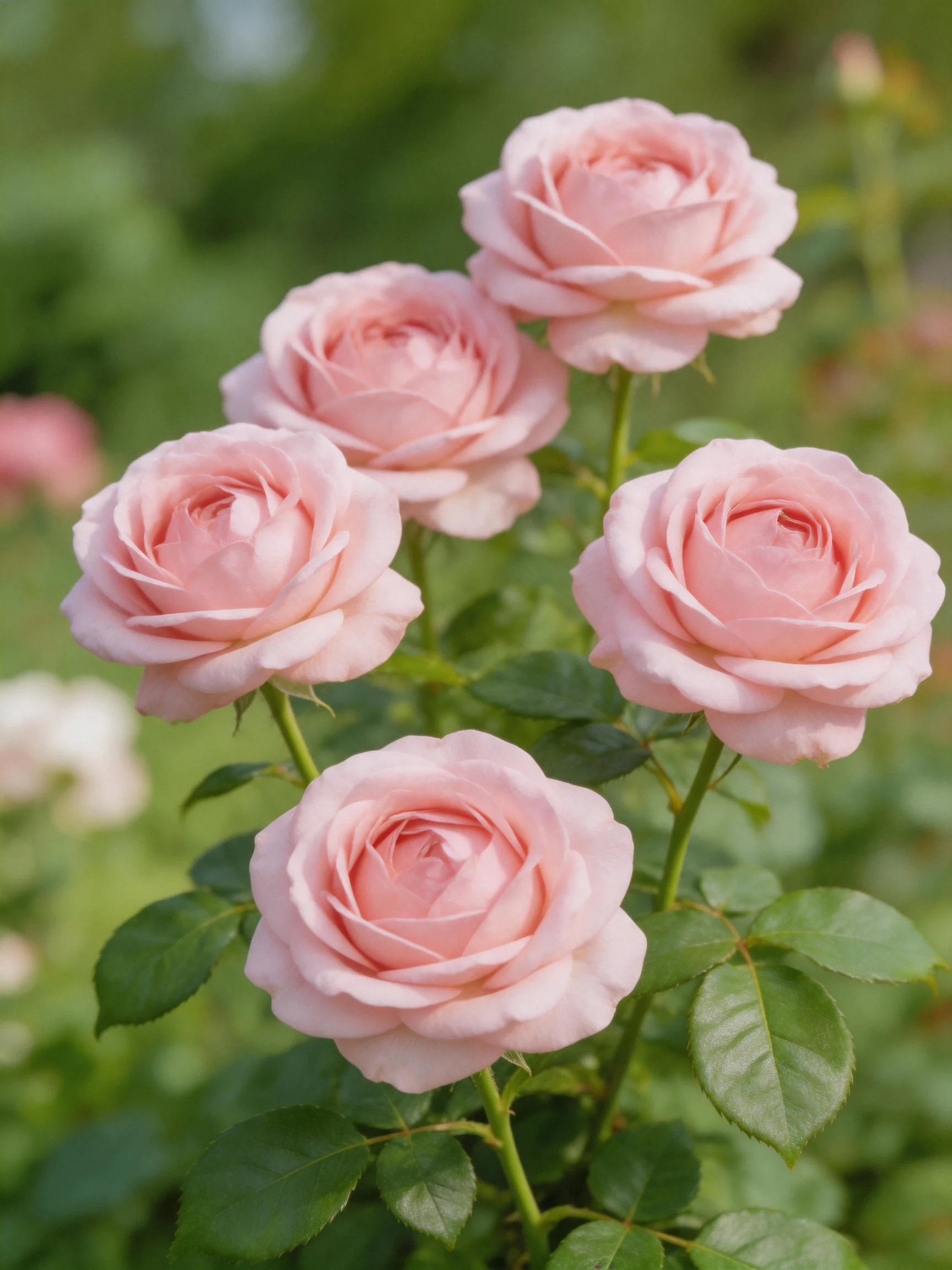 Five soft pink roses bloom amid lush green foliage