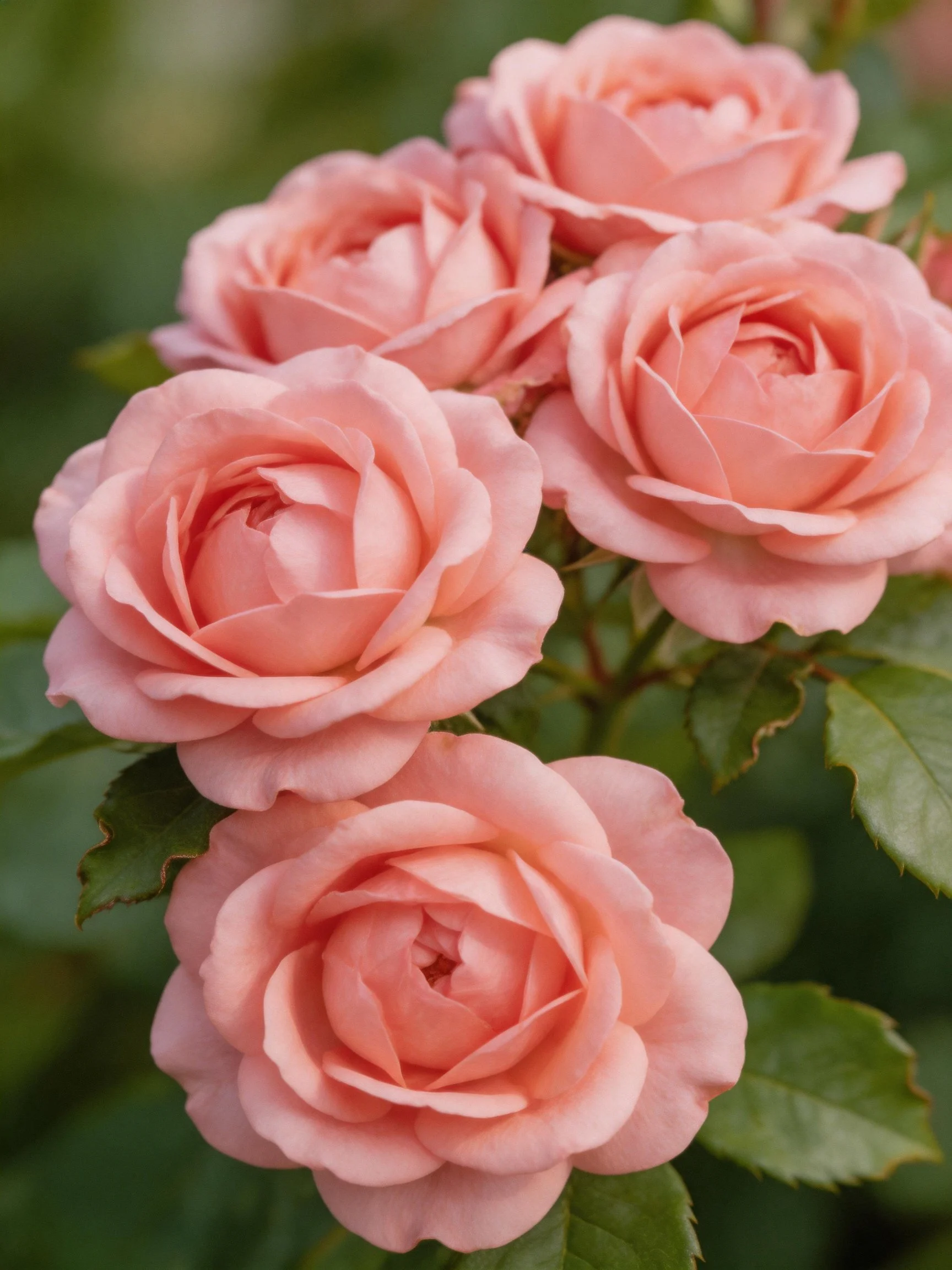 Five soft pink roses bloom amid lush green foliage