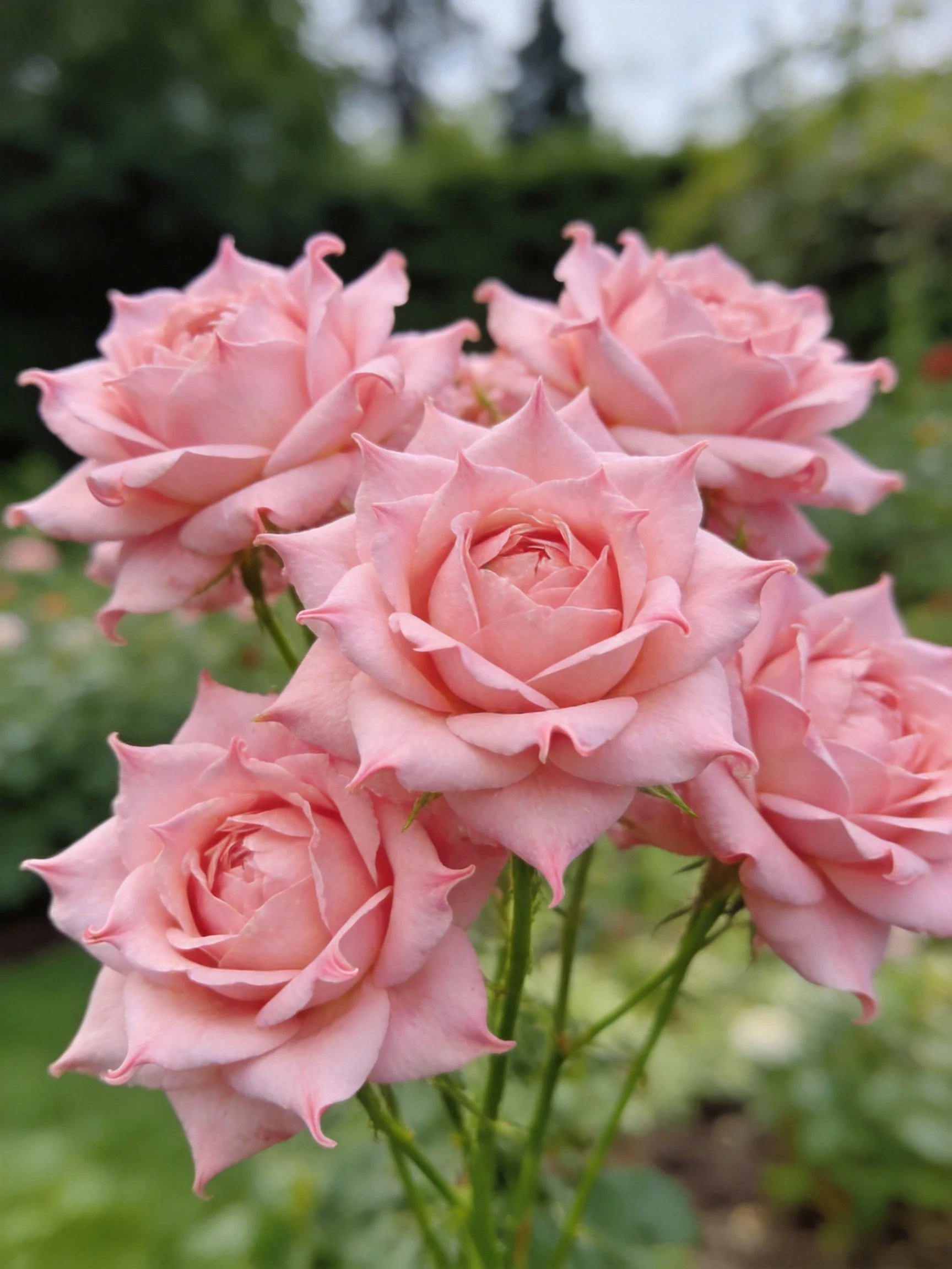 Five soft pink roses bloom vibrantly among greenery.
