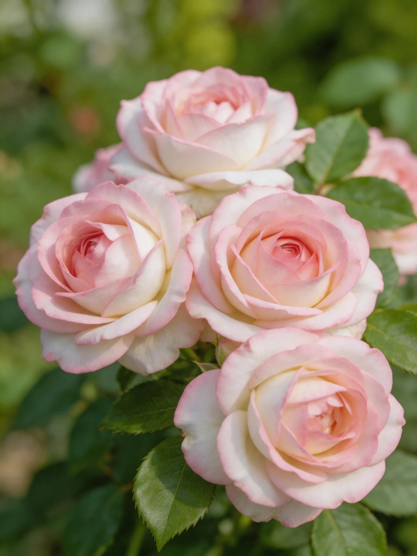Five soft pink roses blooming among green foliage