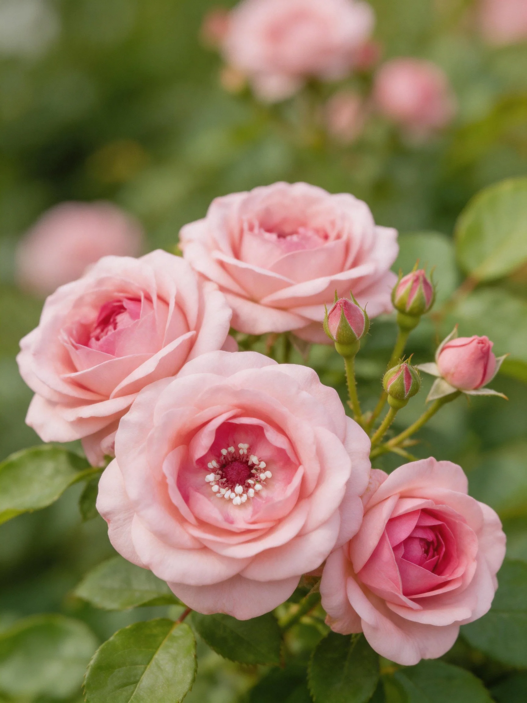 Five soft pink roses with unopened buds amid lush green leaves