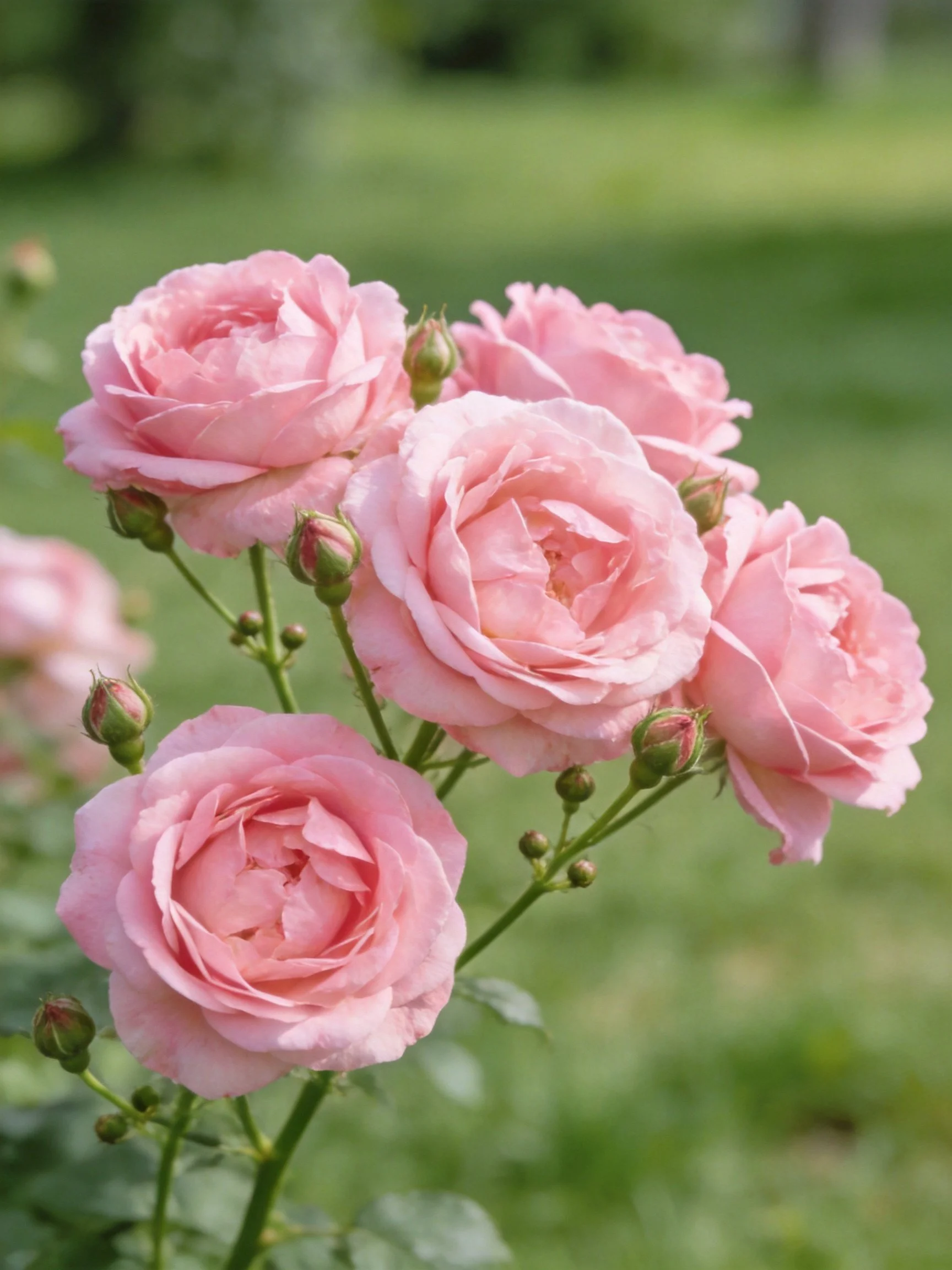 Five soft pink roses with unopened buds in a green garden