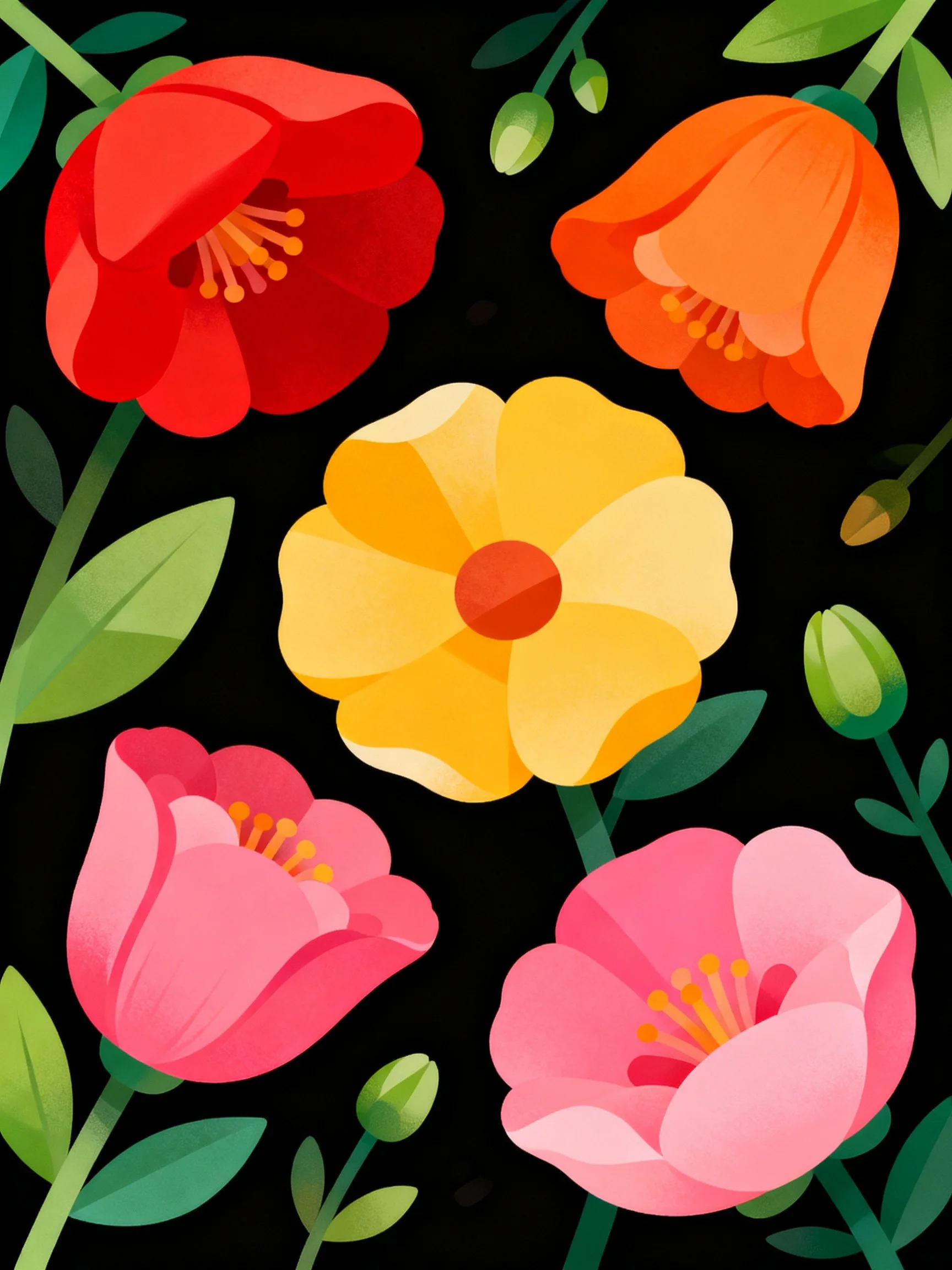 Five stylized flowers in red, orange, yellow, pink with green leaves on black