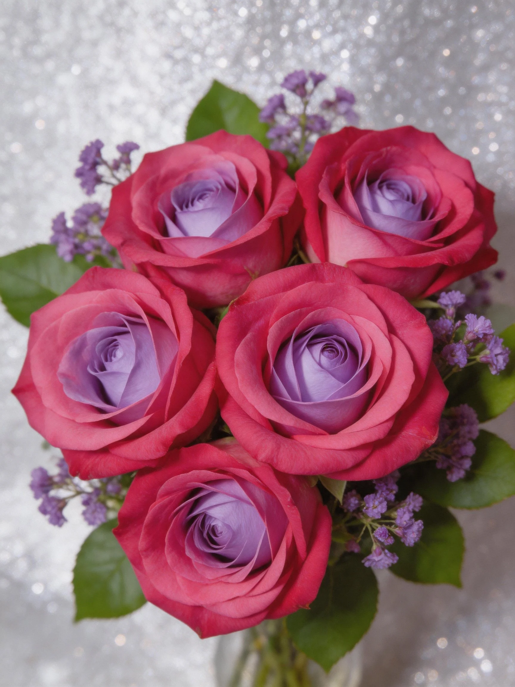 Five two-tone pink-purple roses with small purple flowers