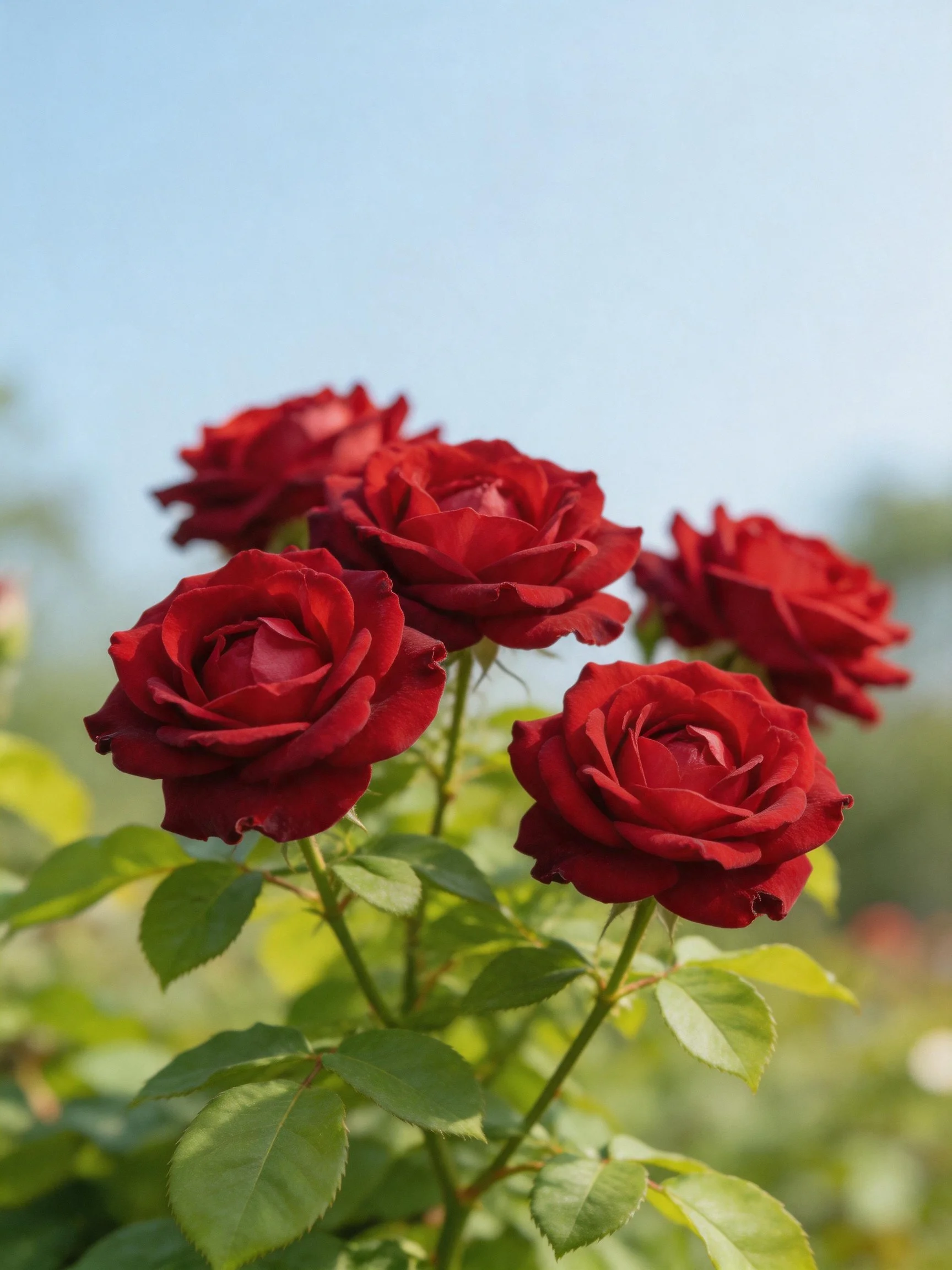 Five vibrant dark red roses bloom amid lush green foliage