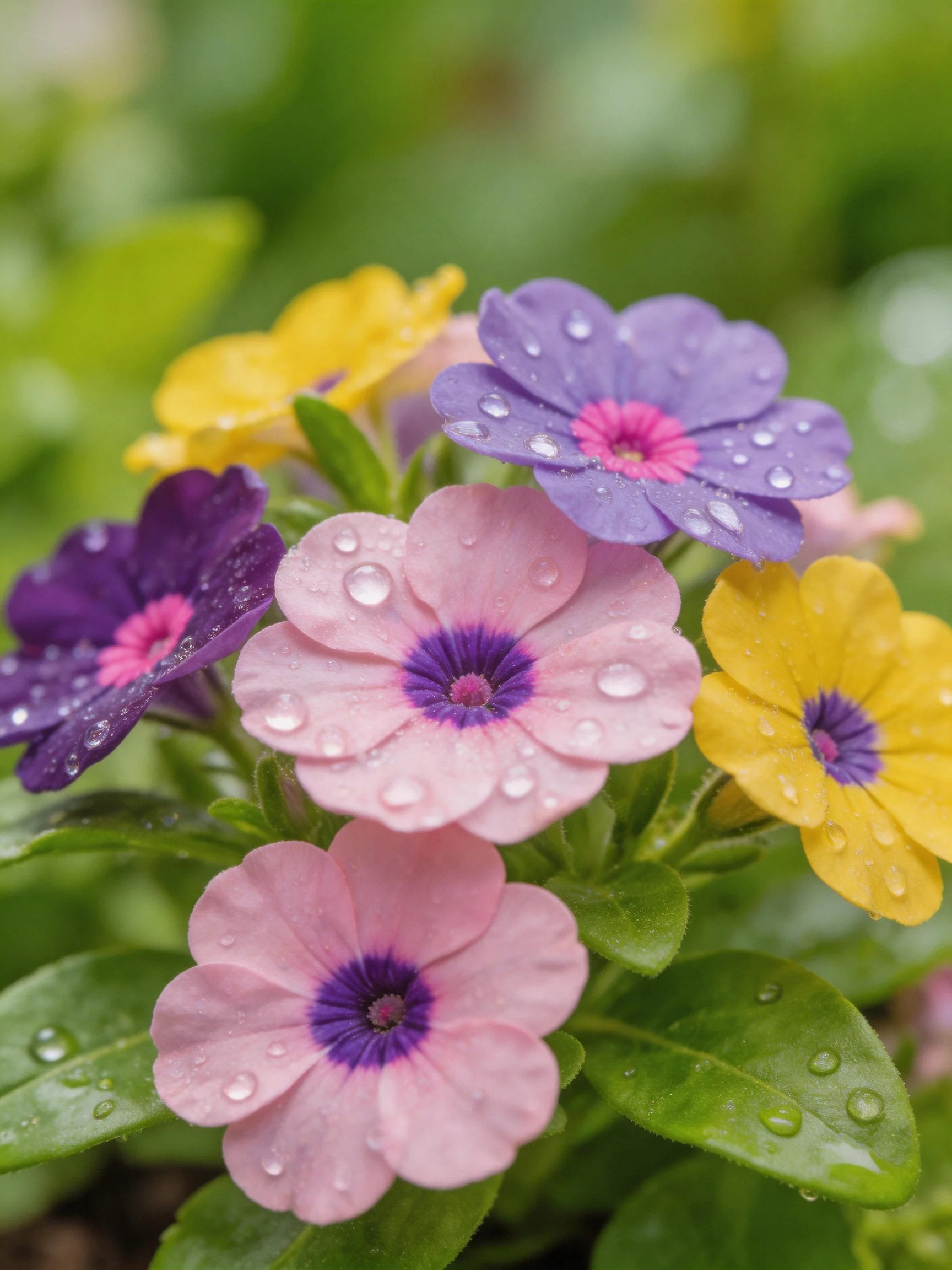 Five vibrant flowers with water droplets, purple, pink, yellow