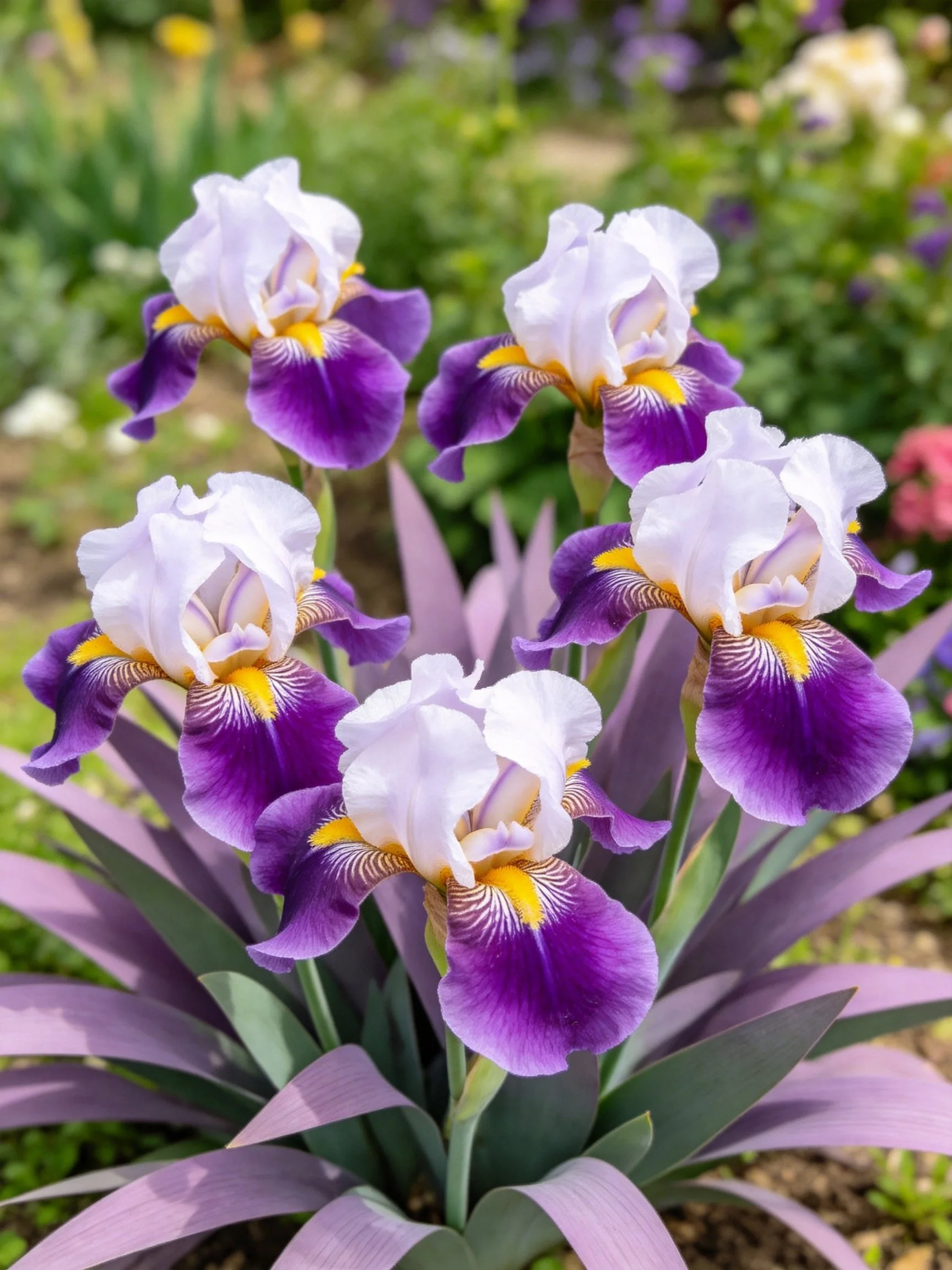 Five vibrant irises with purple and white blooms