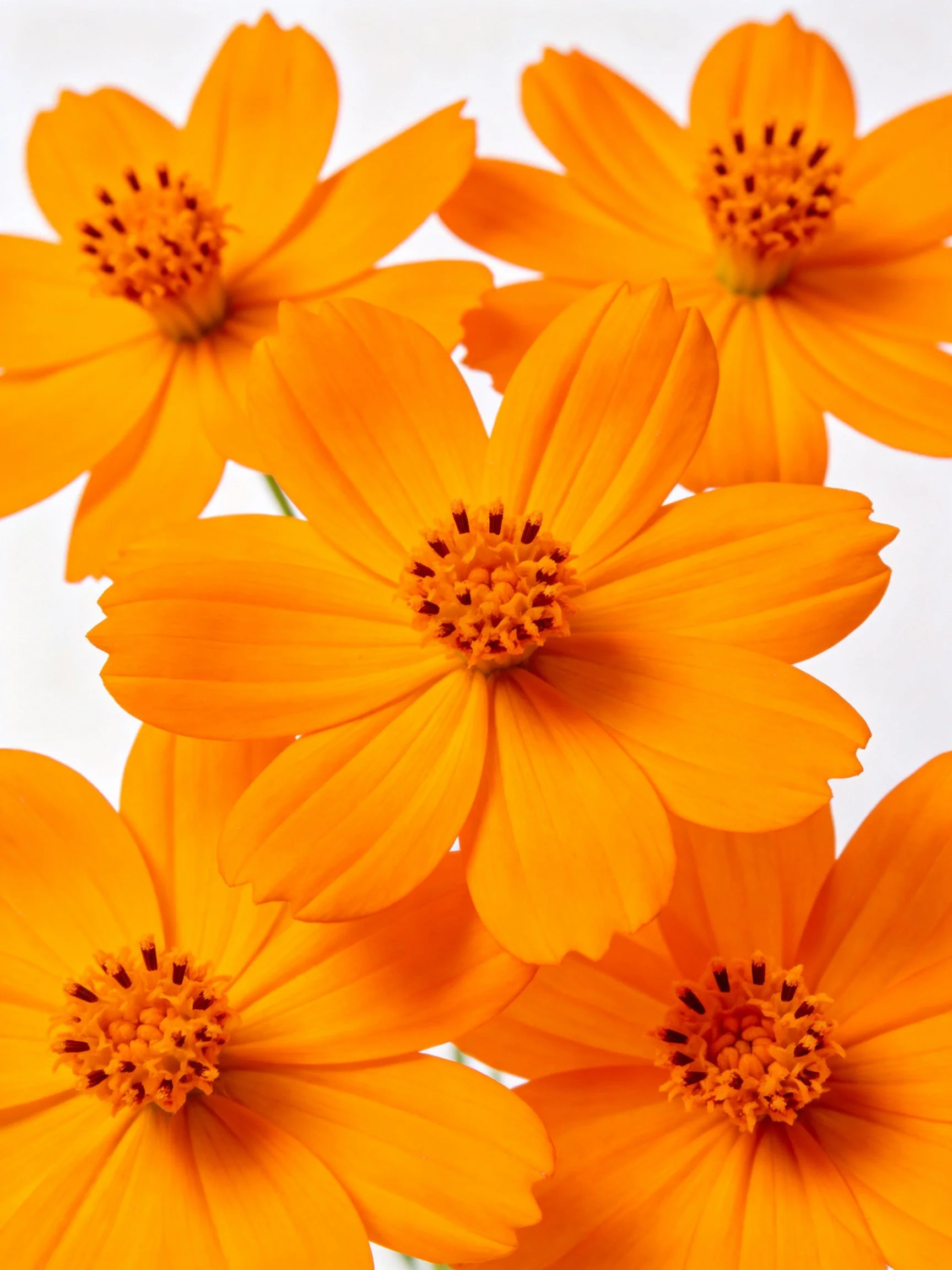 Five vibrant orange flowers clustered together with yellow centers