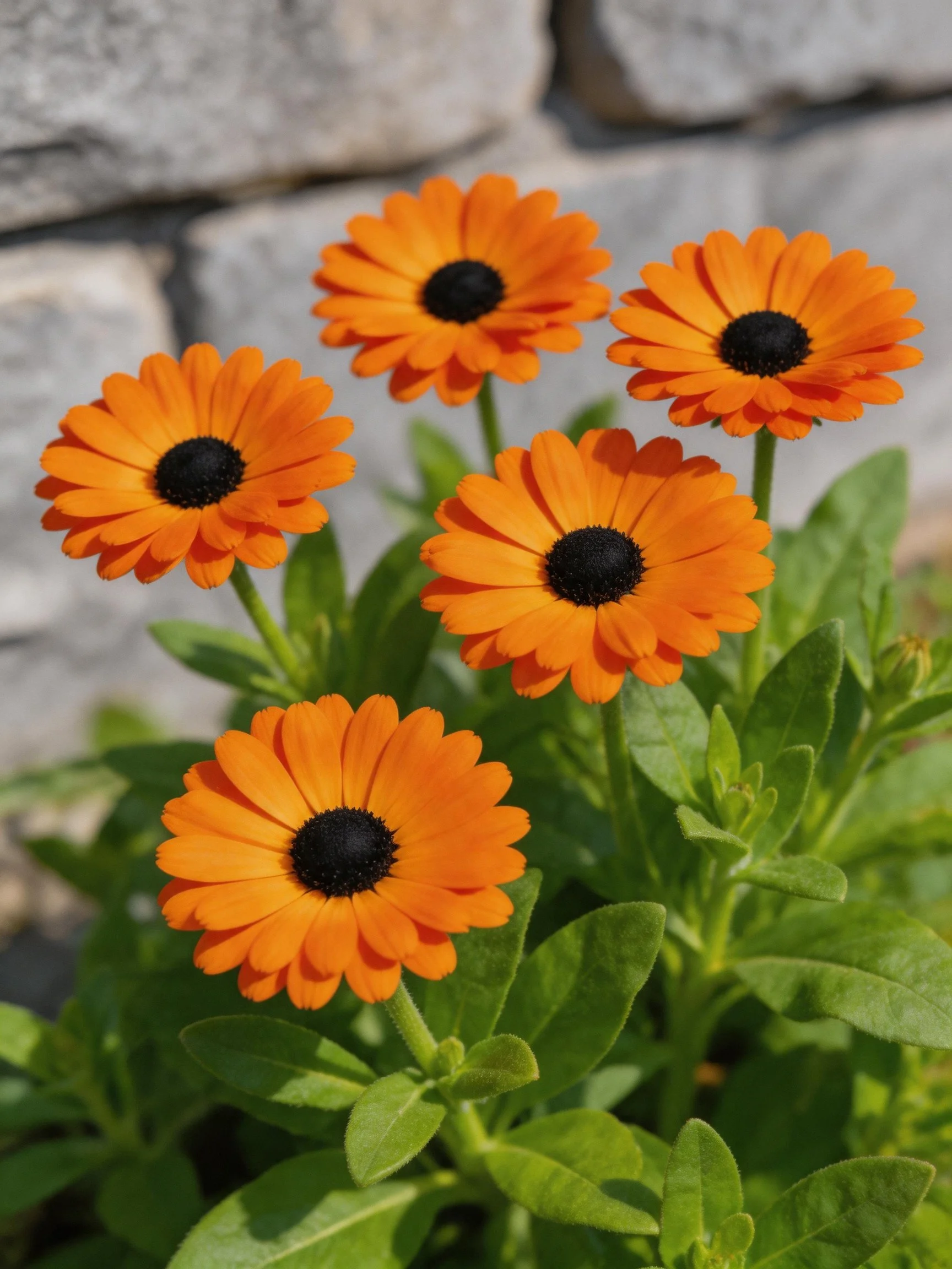 Five vibrant orange flowers with dark centers amid green foliage and a stone wall