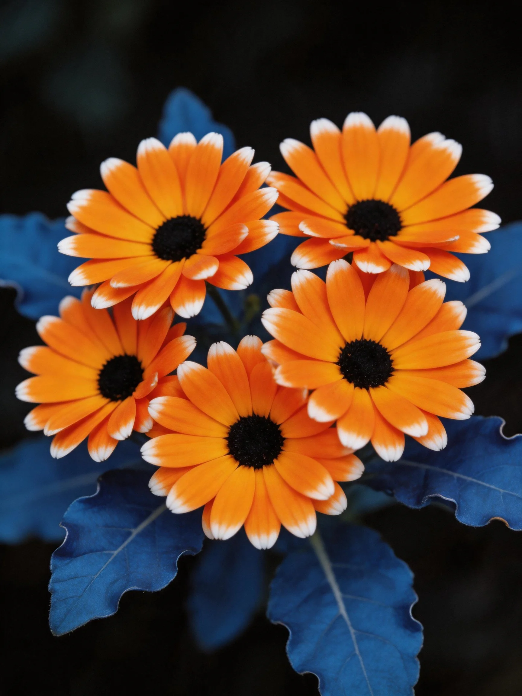 Five vibrant orange flowers with white-tipped petals and deep blue leaves