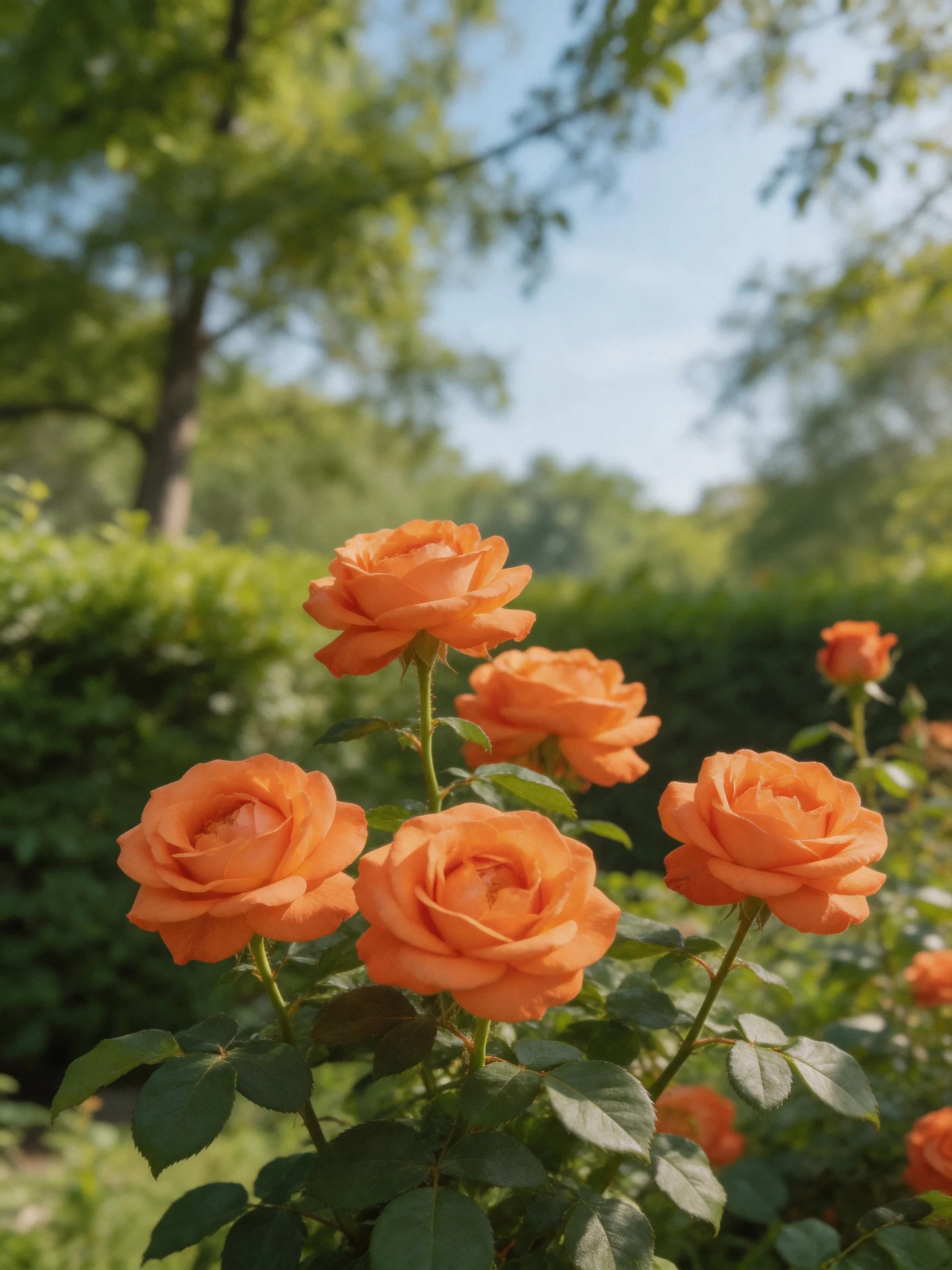 Five vibrant orange roses bloom among lush greenery in a sunlit garden