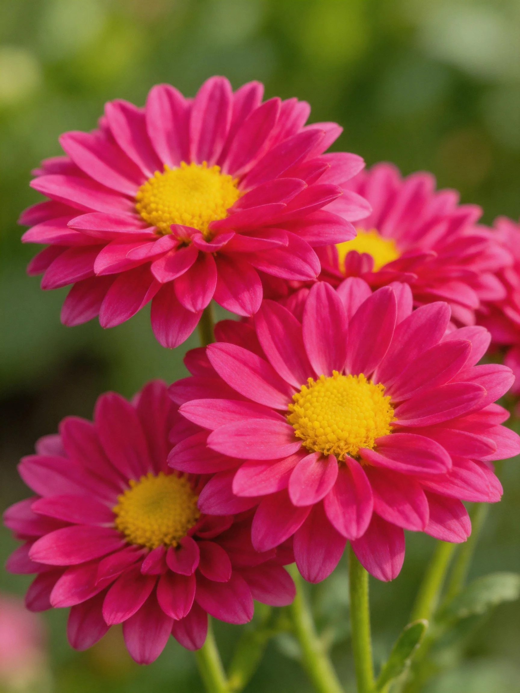 Five vibrant pink daisy - like flowers with bright yellow centers