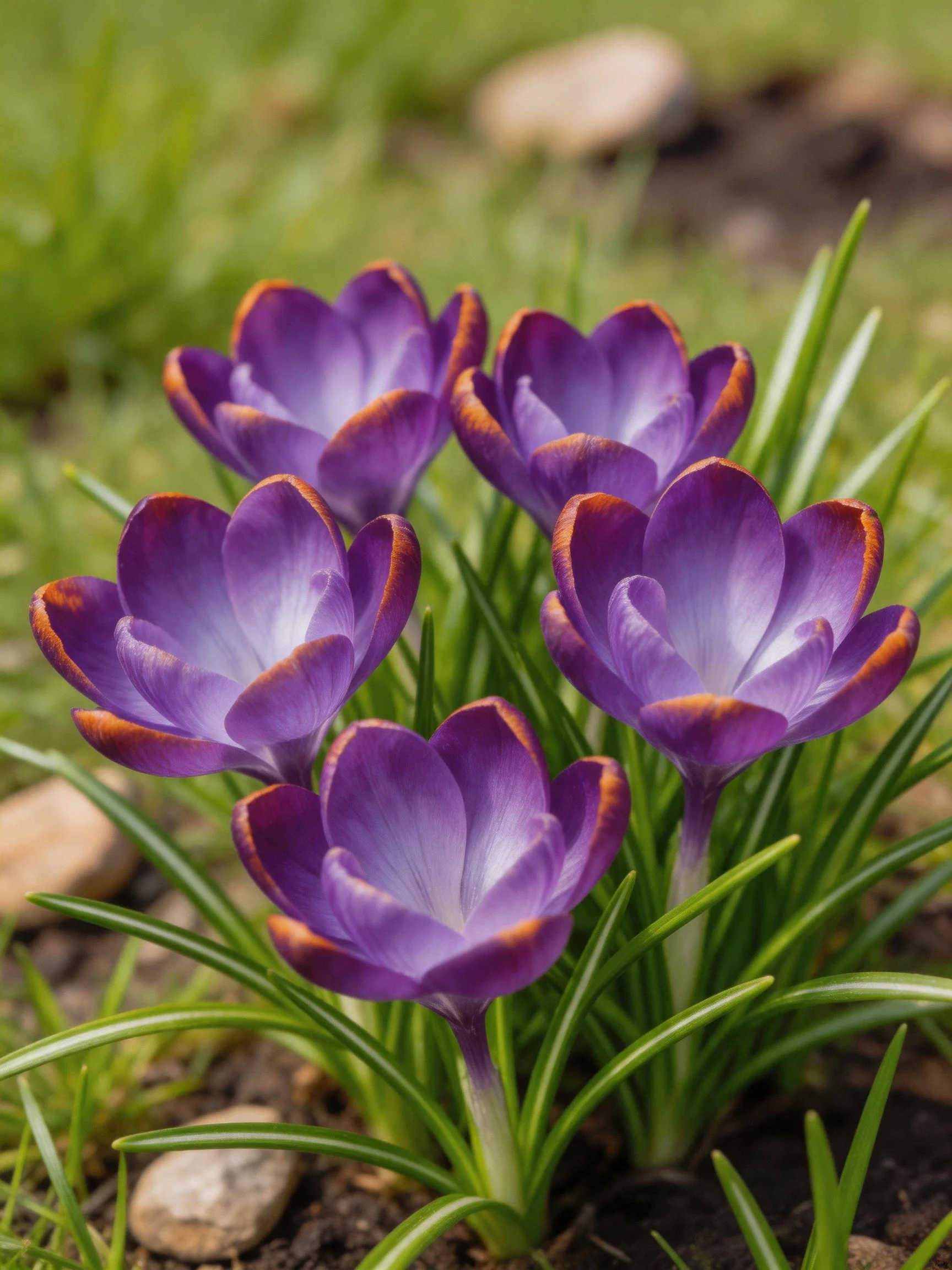 Five vibrant purple crocus blooms with orange petal edges among green foliage