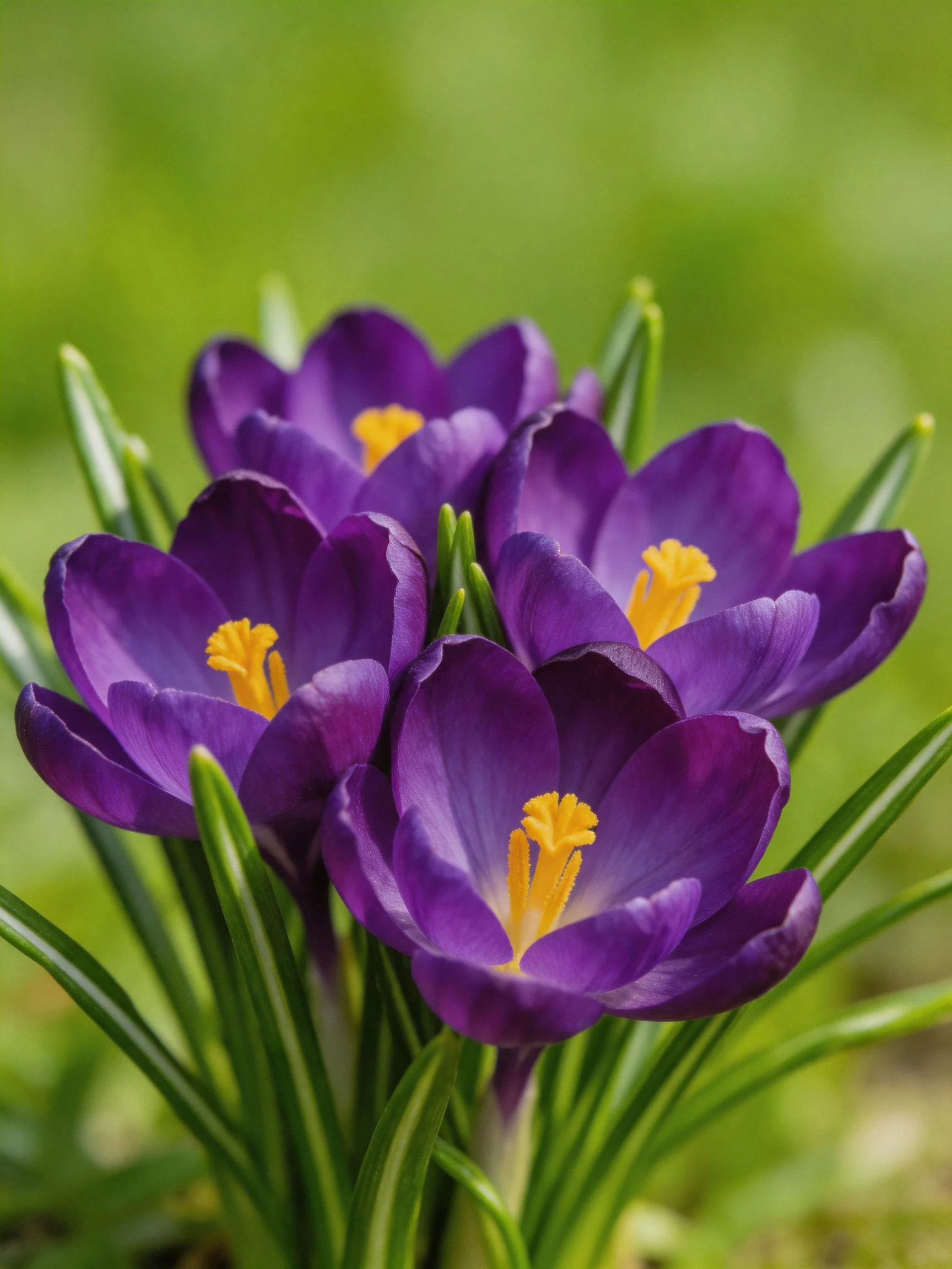 Five vibrant purple crocus flowers with yellow stamens