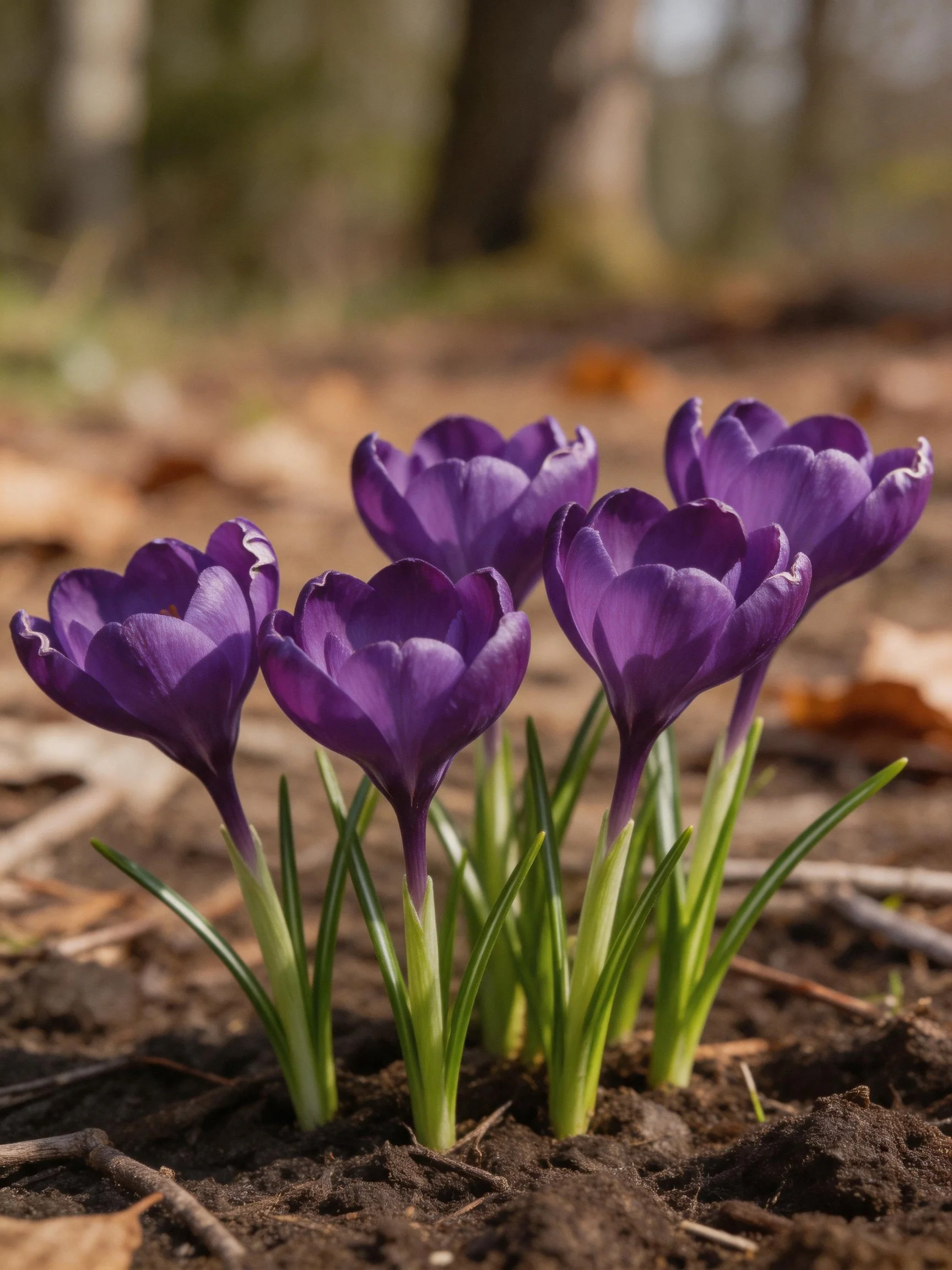 Five vibrant purple crocuses bloom among green stems