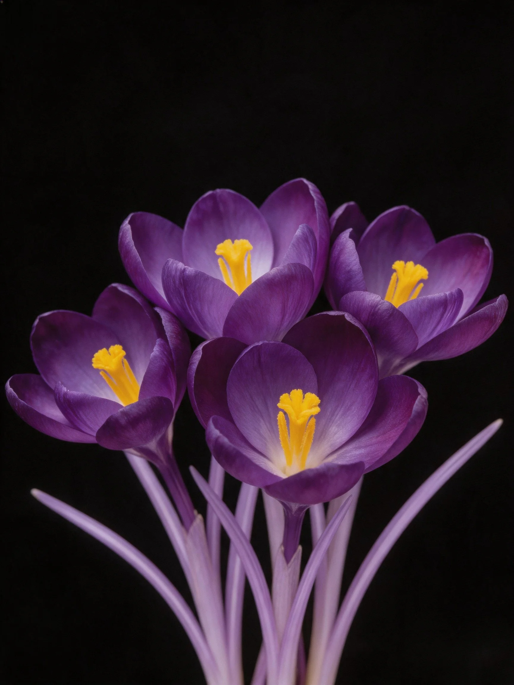 Five vibrant purple crocuses with bright yellow centers
