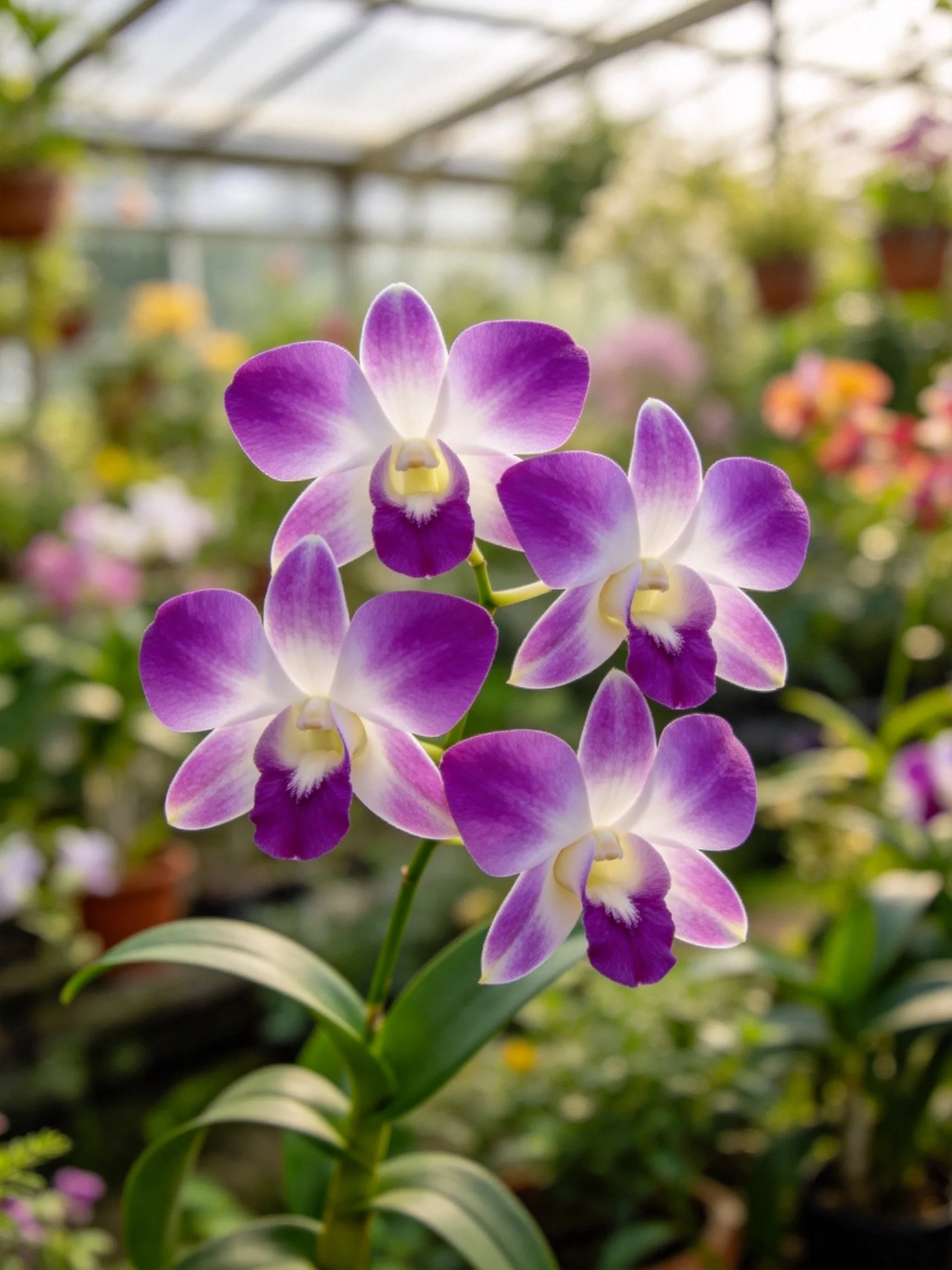 Five vibrant purple orchid blooms in a sunlit greenhouse