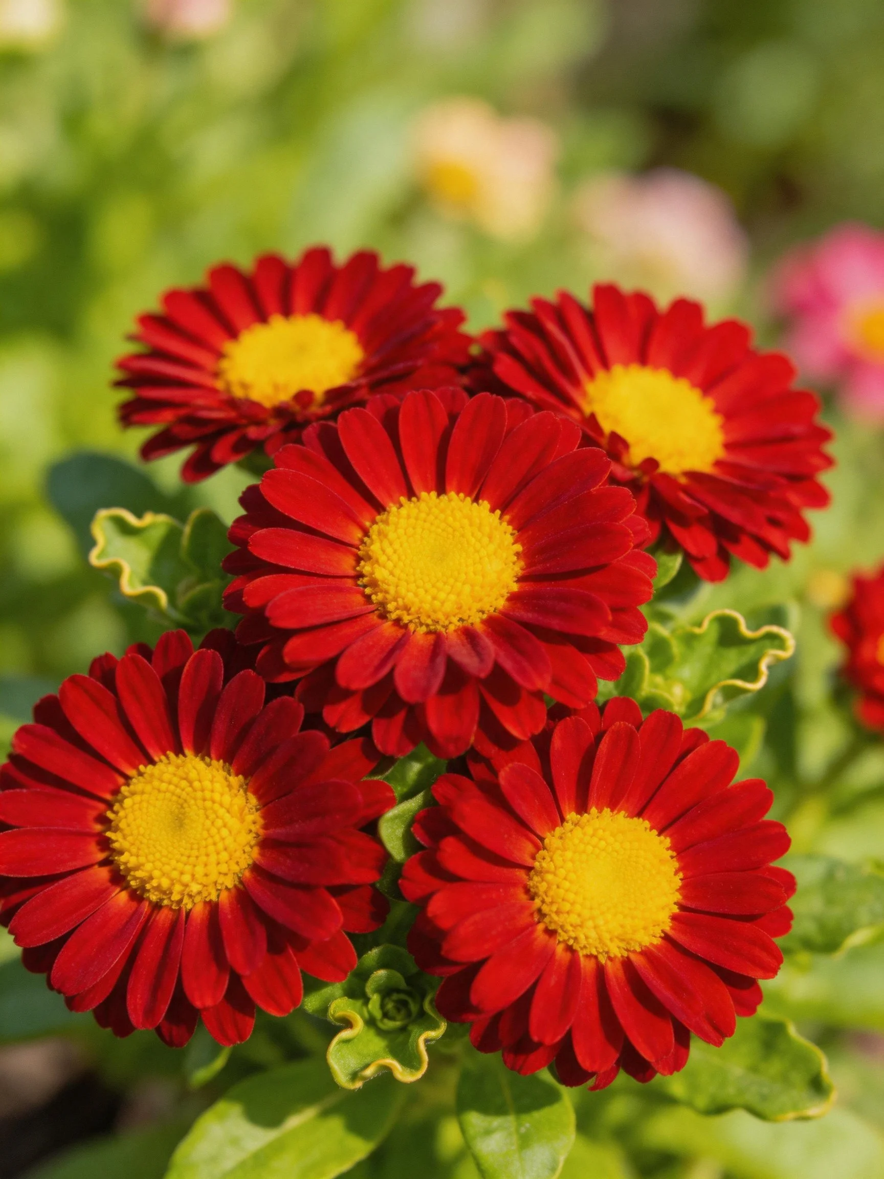 Five vibrant red flowers with bright yellow centers