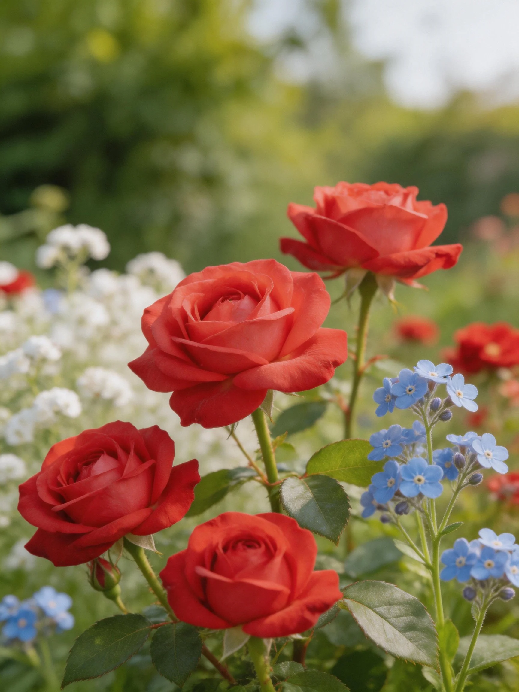 Five vibrant red roses among blue and white flowers in a lush garden