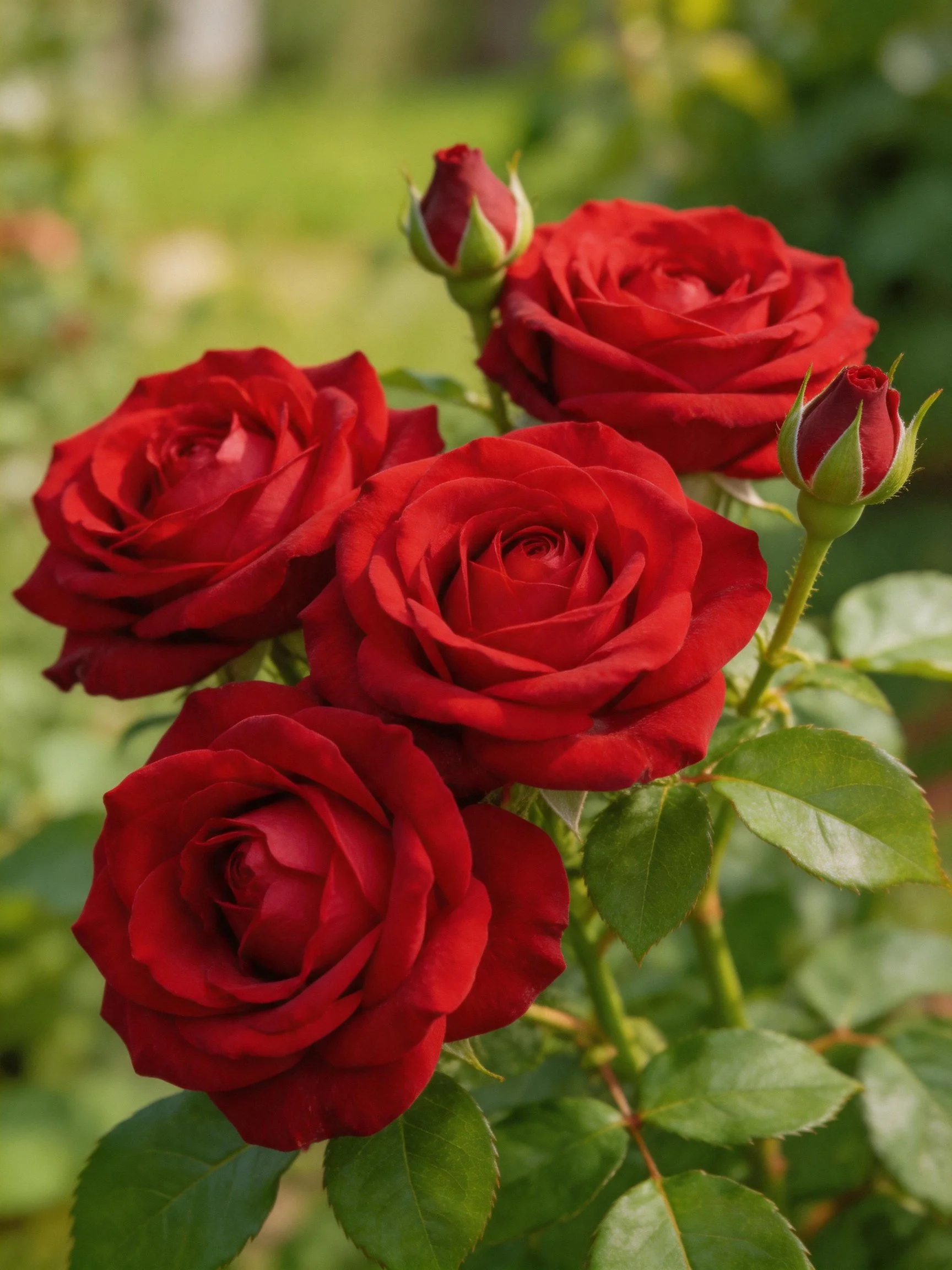 Five vibrant red roses and two rosebuds among green foliage