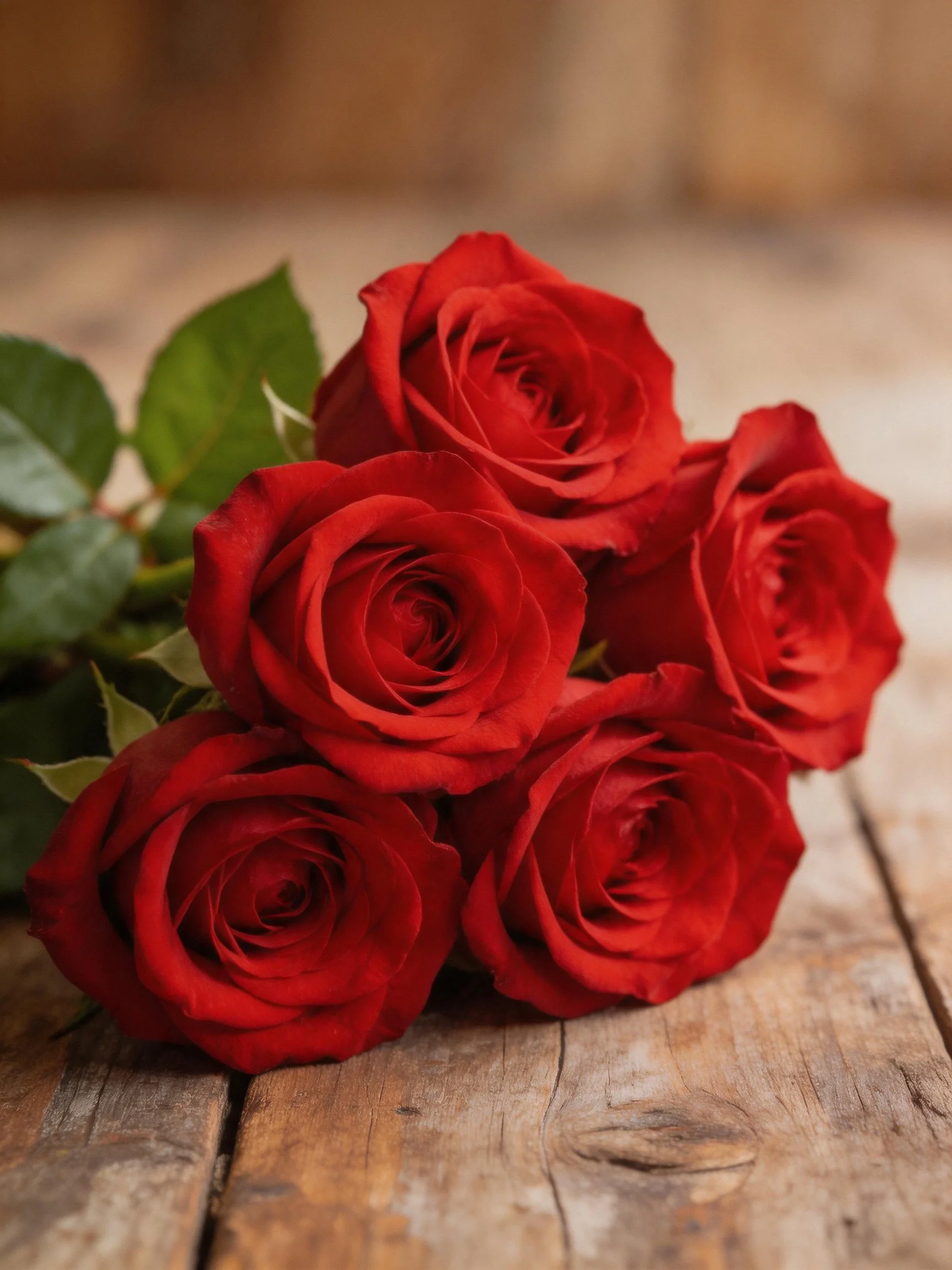 Five vibrant red roses arranged on a rustic wooden surface.