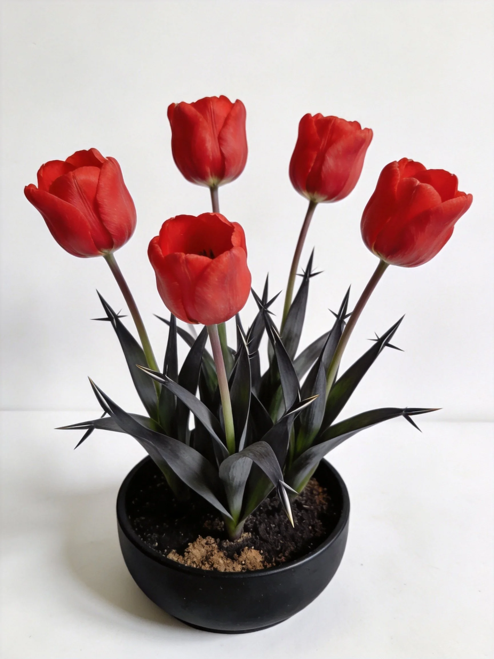 Five vibrant red tulips in a black pot with spiky dark leaves