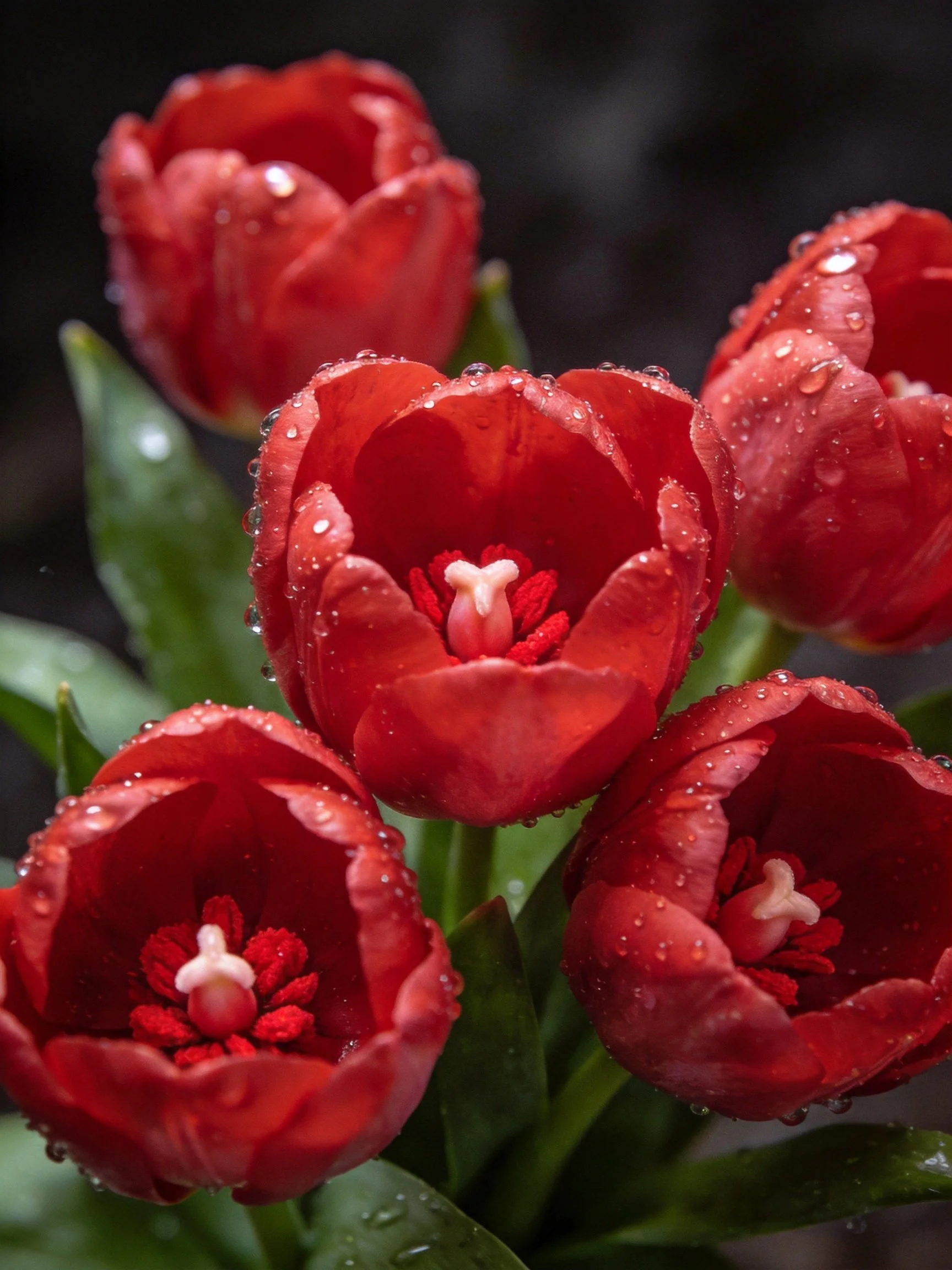 Five vibrant red tulips with water droplets on petals