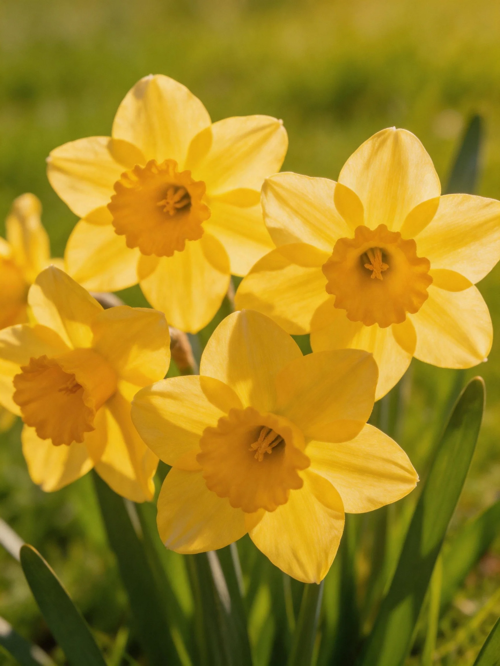 Five vibrant yellow daffodils blooming among green foliage