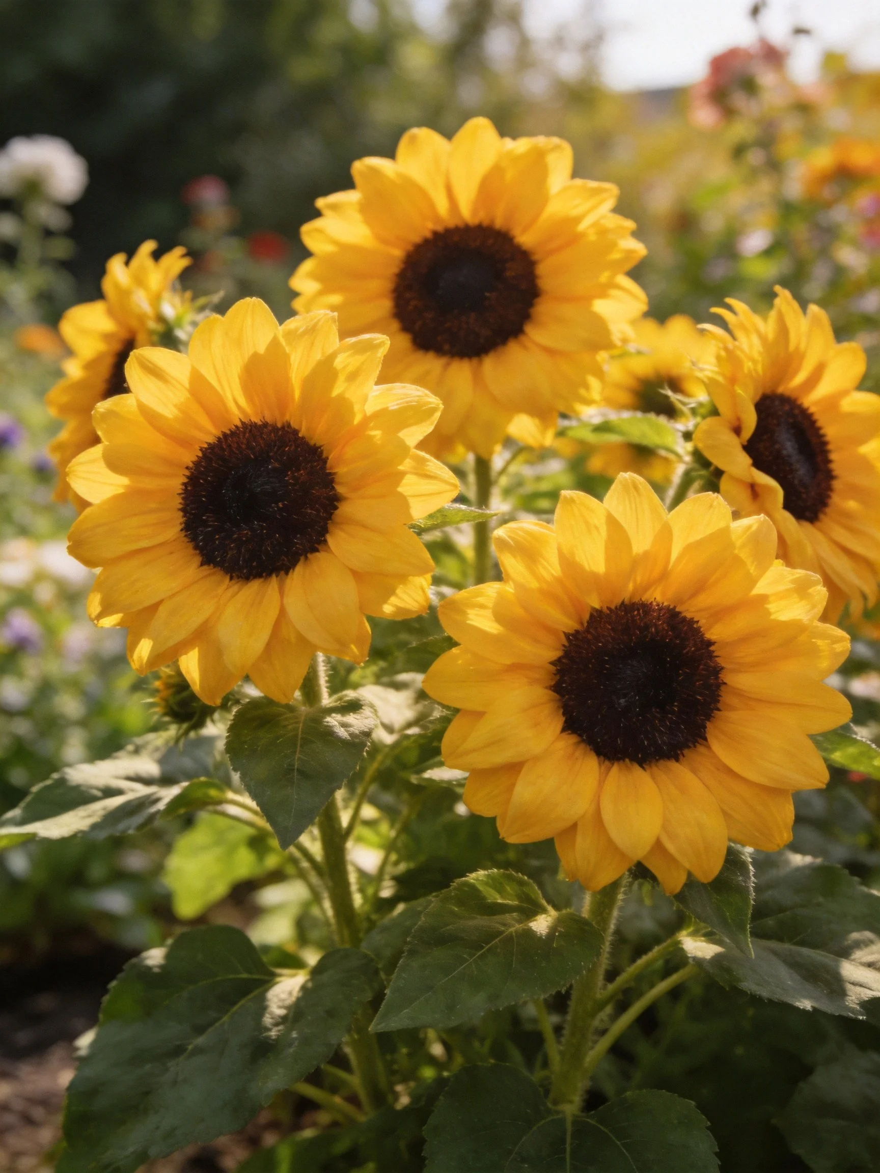 Five vibrant yellow sunflowers bloom in a sun-drenched garden