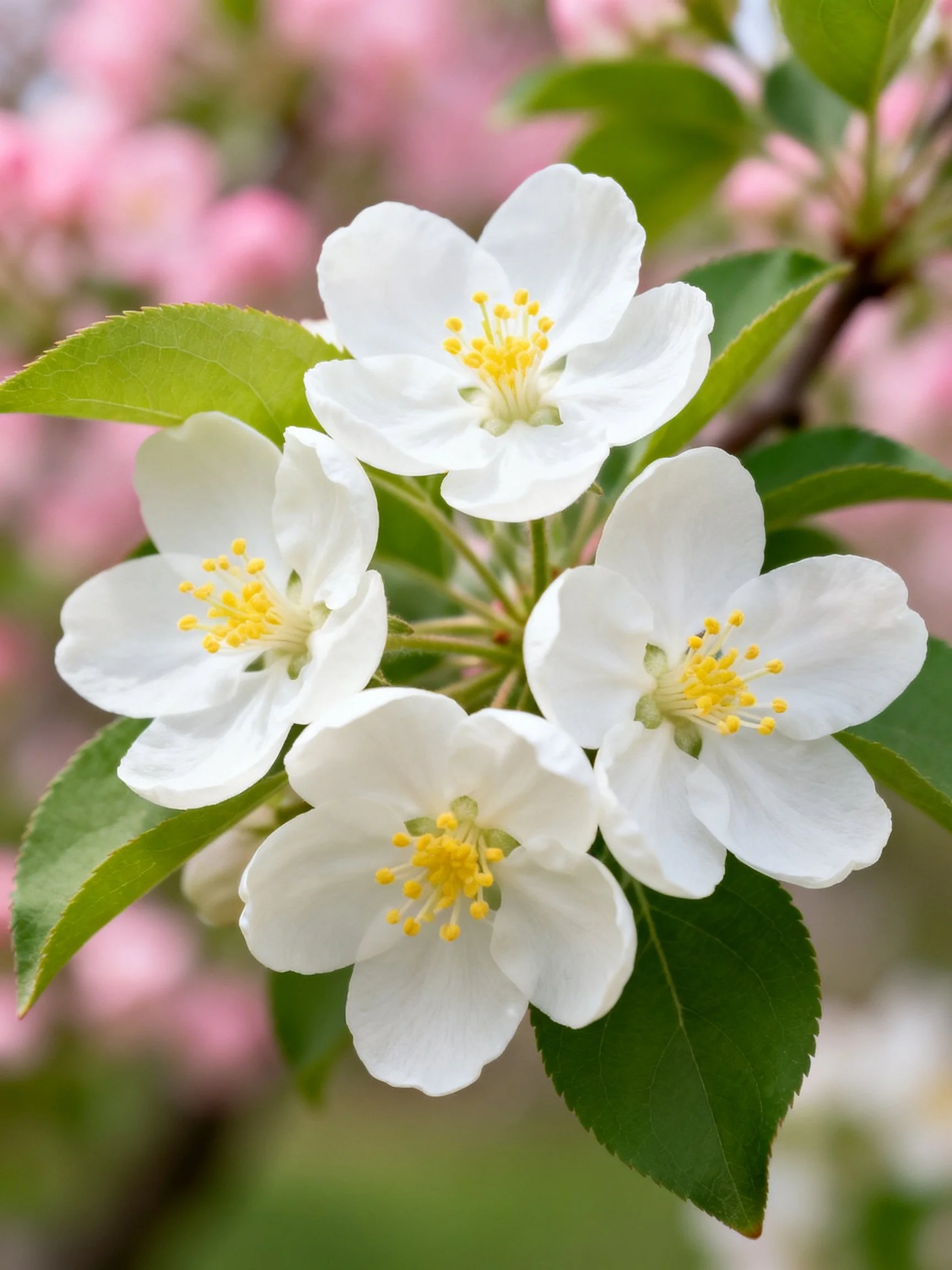 Five white apple blossoms with yellow stamens, green leaves