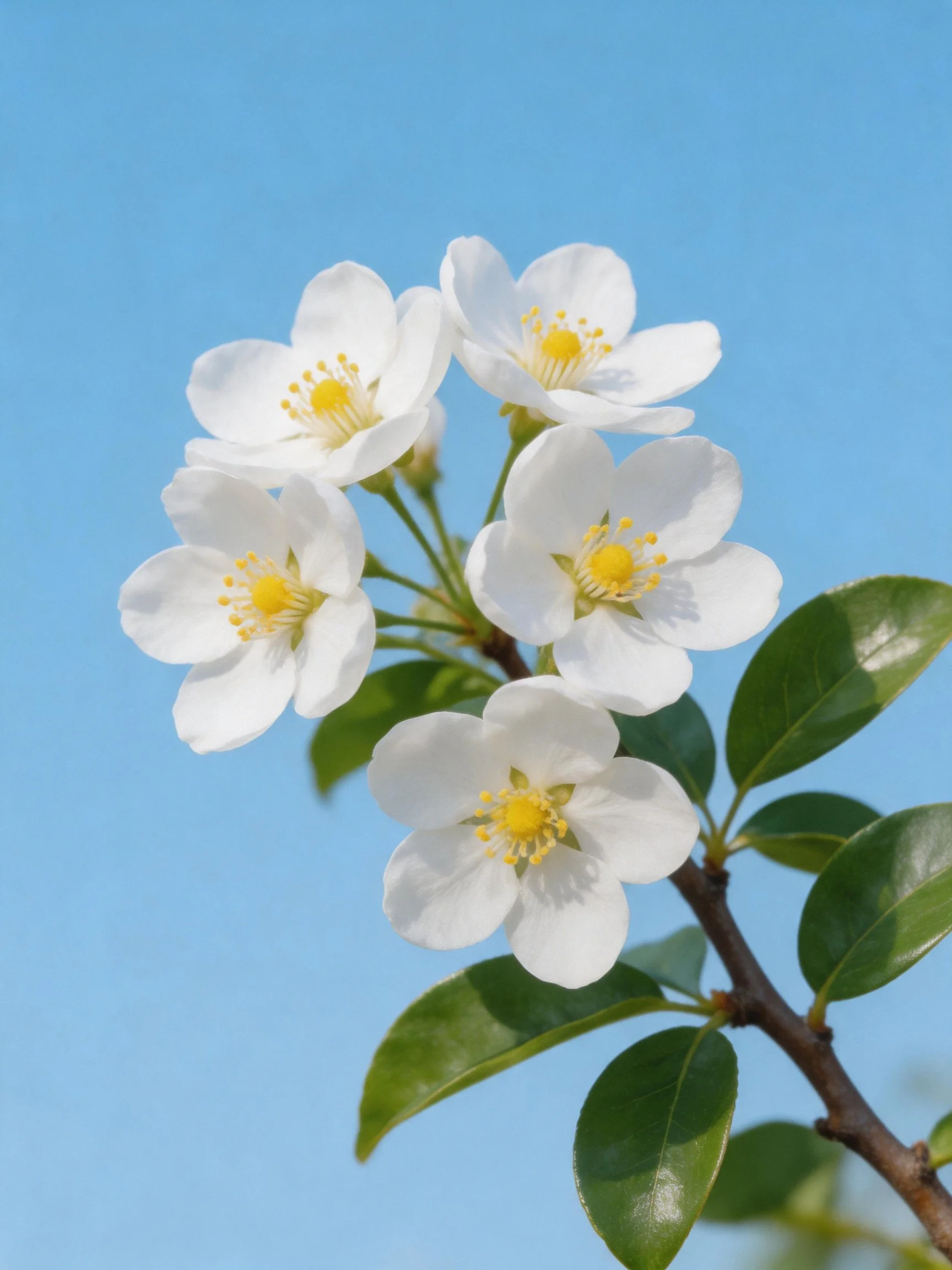 Five white blossoms with yellow centers on a branch