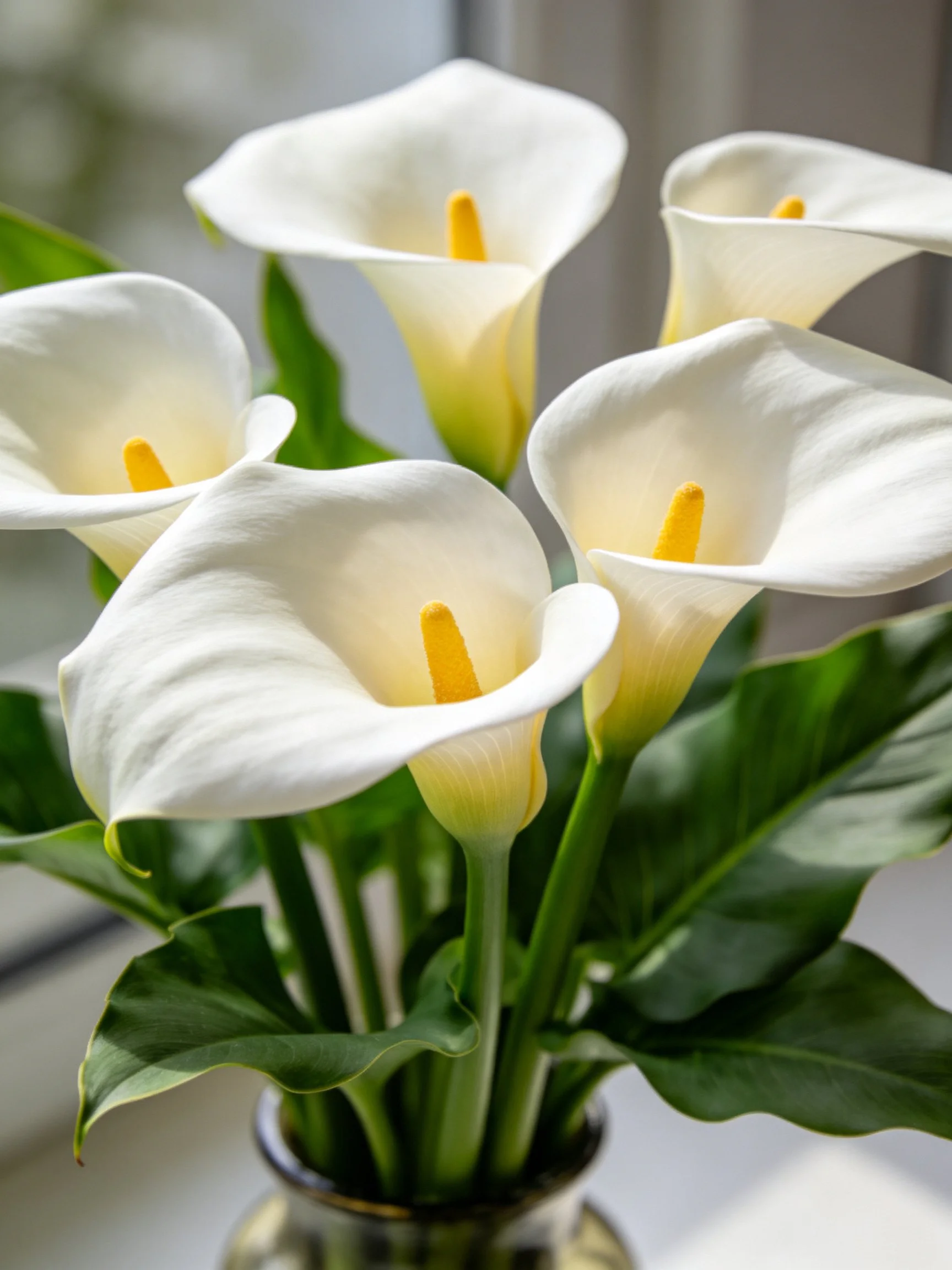 Five white calla lilies with yellow centers in a vase