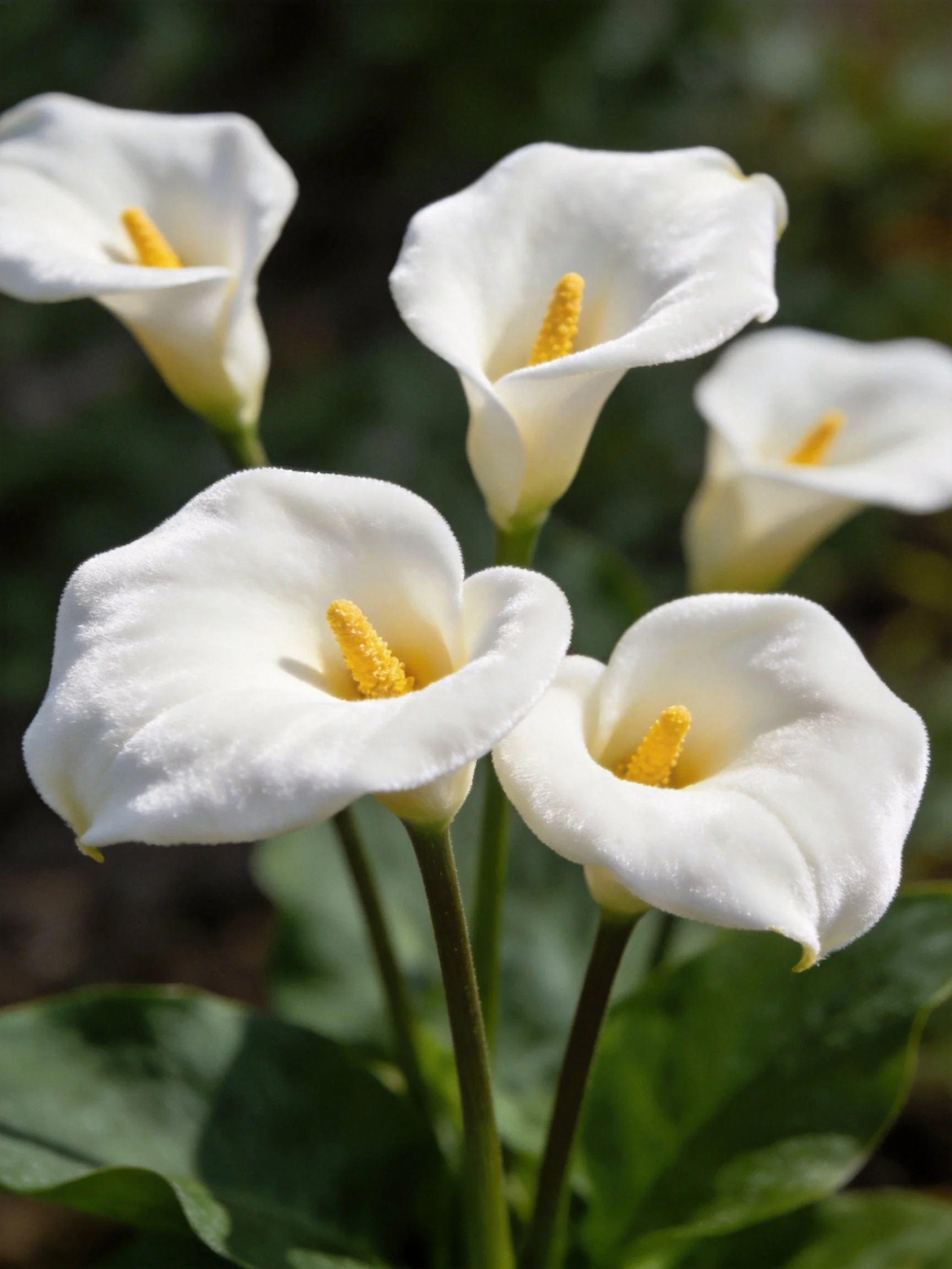 Five white calla lilies with yellow spadixes among green foliage