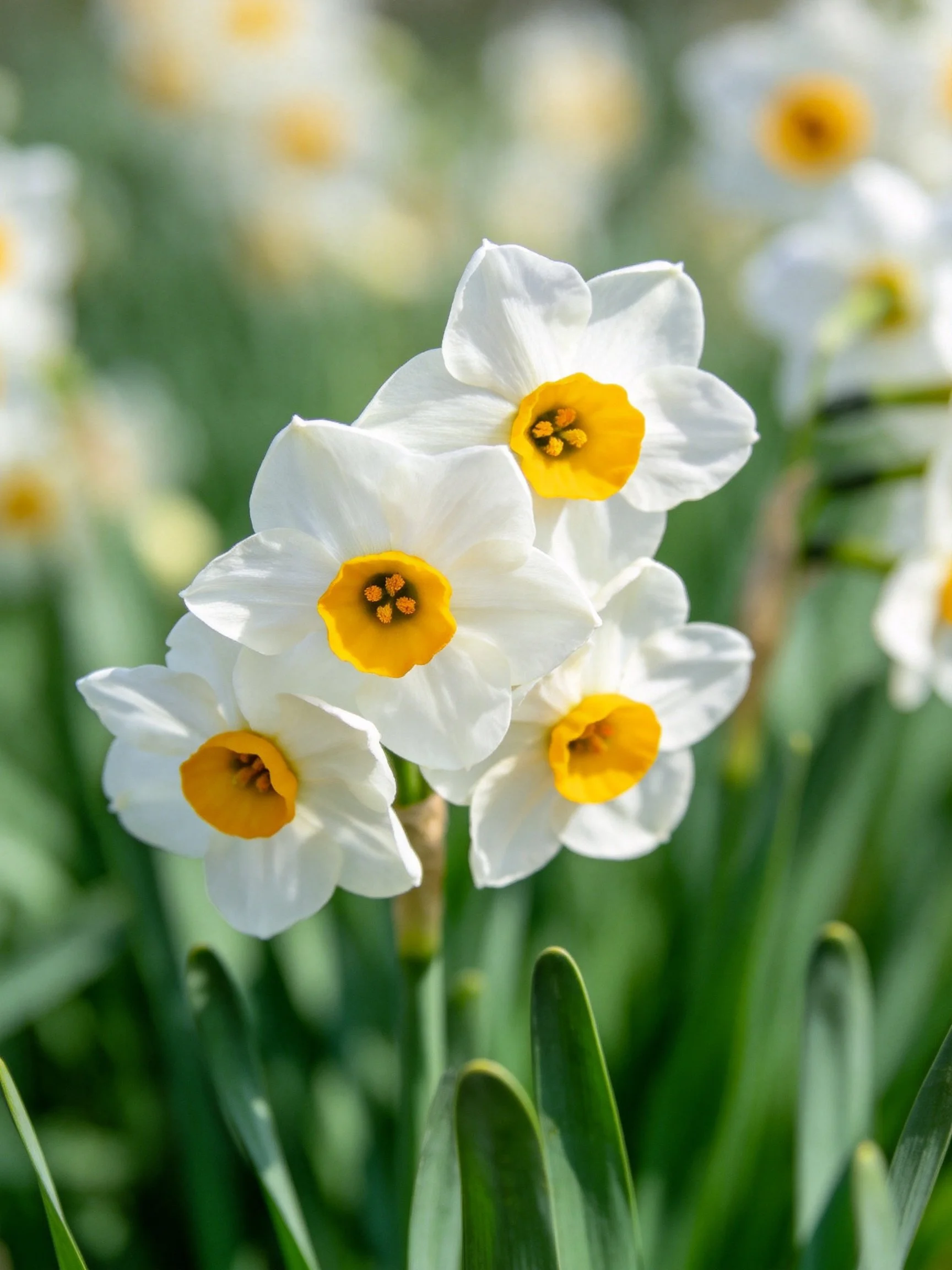 Five white daffodils with bright yellow centers amid green foliage