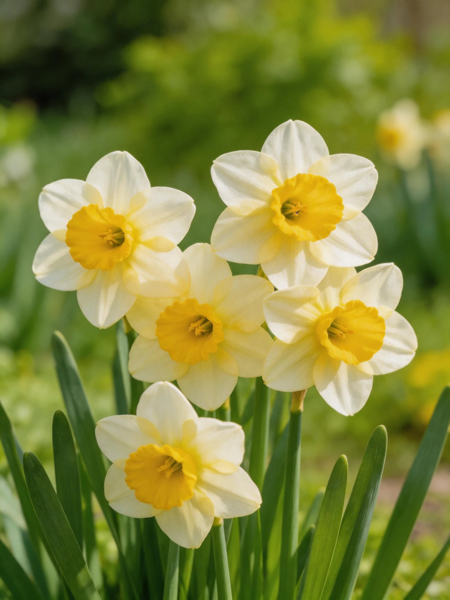 Five white daffodils with bright yellow centers amid lush green foliage