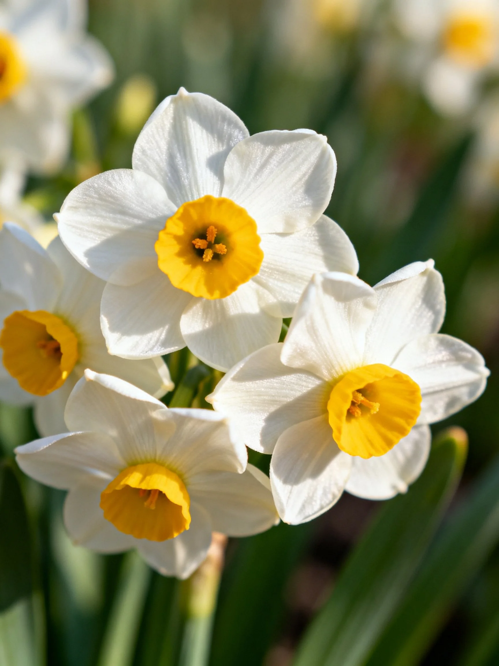 Five white daffodils with yellow centers bloom among greenery